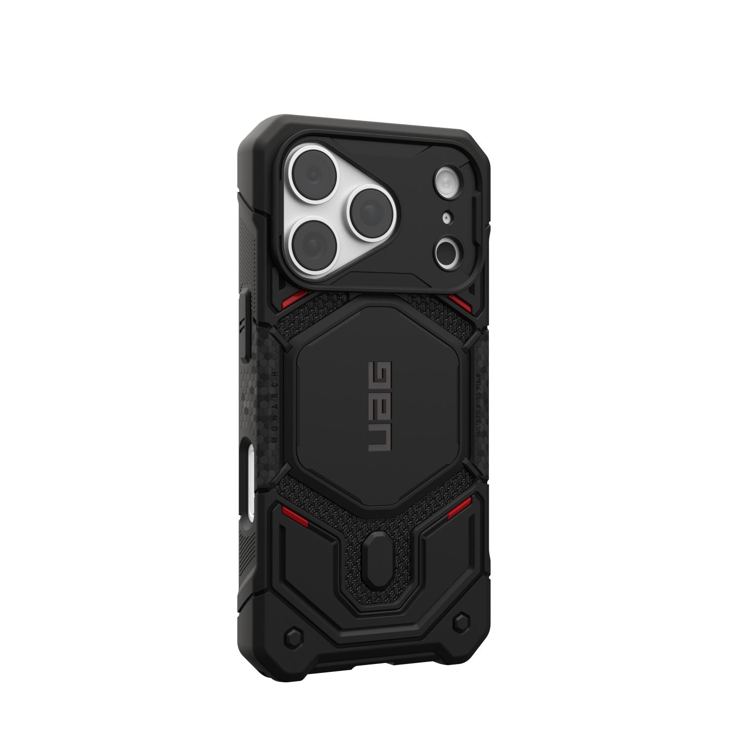 Kevlar Black UAG Monarch Pro MagSafe case fitted to an iPhone and shown from a rear left angle with the opposite side edge and camera area visible