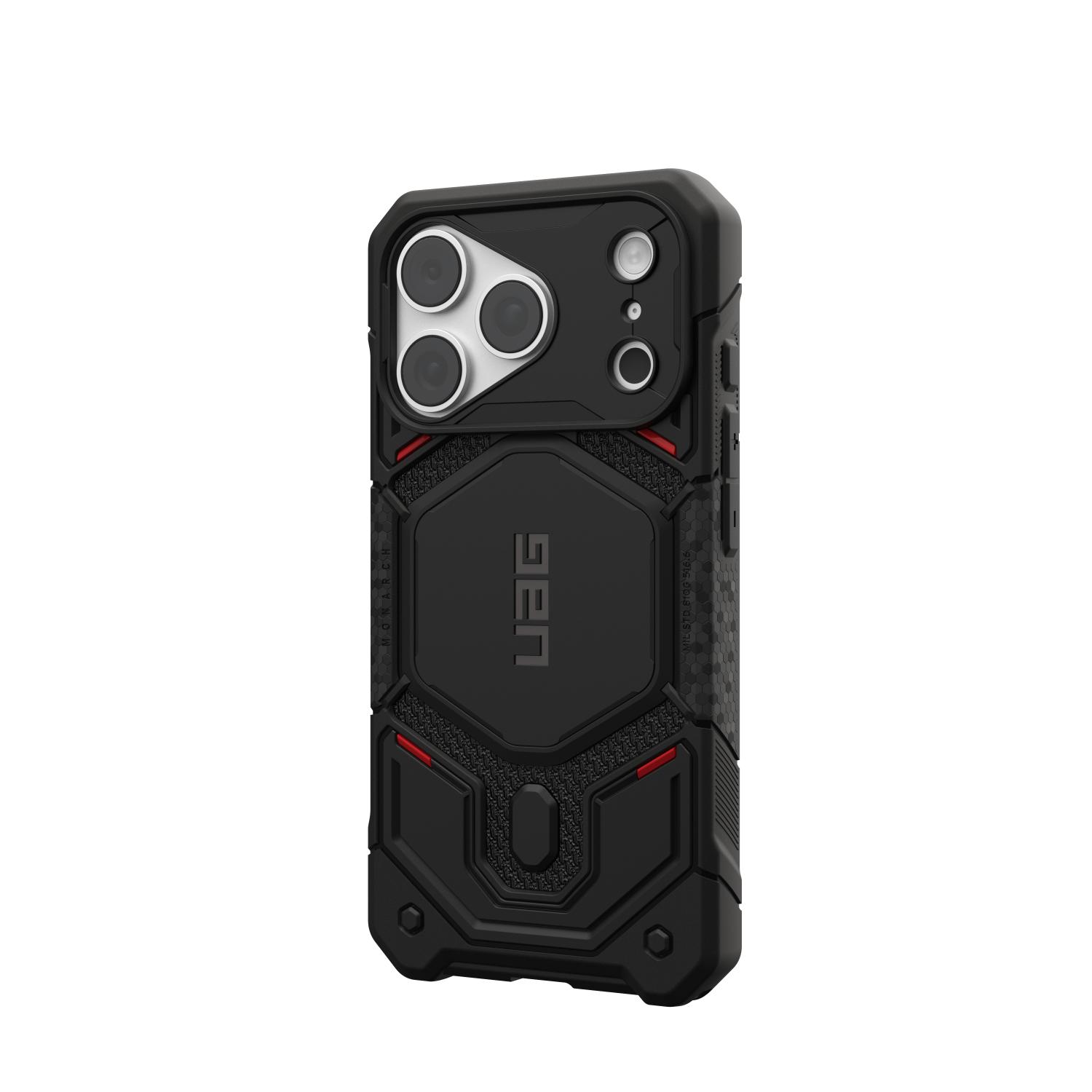 Kevlar Black UAG Monarch Pro MagSafe case fitted to an iPhone and shown from a rear right angle with the side edge and camera area visible