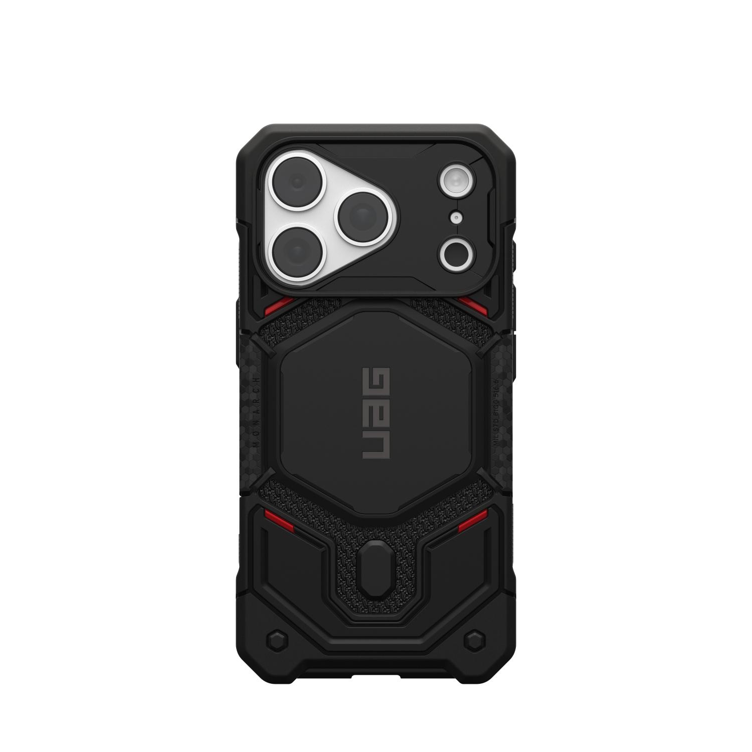Kevlar Black UAG Monarch Pro MagSafe case fitted to an iPhone shown straight on from the rear with the camera lenses visible