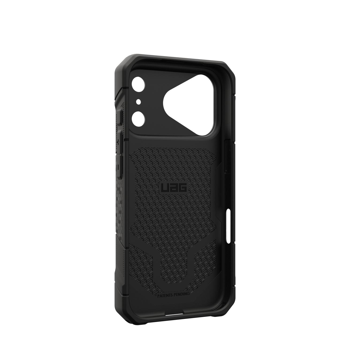 Interior of the Kevlar Black UAG Monarch Pro MagSafe case for iPhone 18 Pro and iPhone 17 Pro shown at an angle with the inner frame and camera opening visible