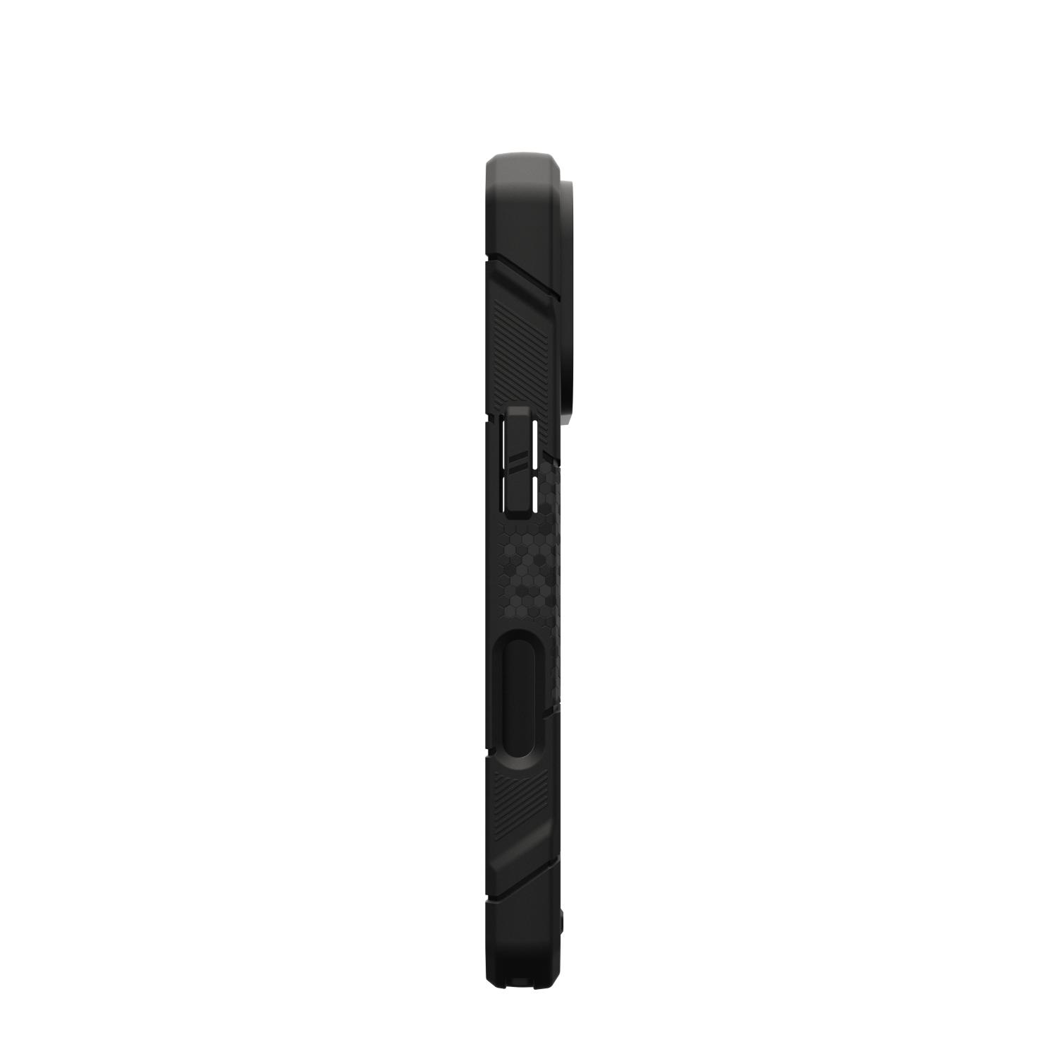 Side profile of the Kevlar Black UAG Monarch Pro MagSafe case for iPhone 18 Pro and iPhone 17 Pro showing the textured edge and elongated button opening