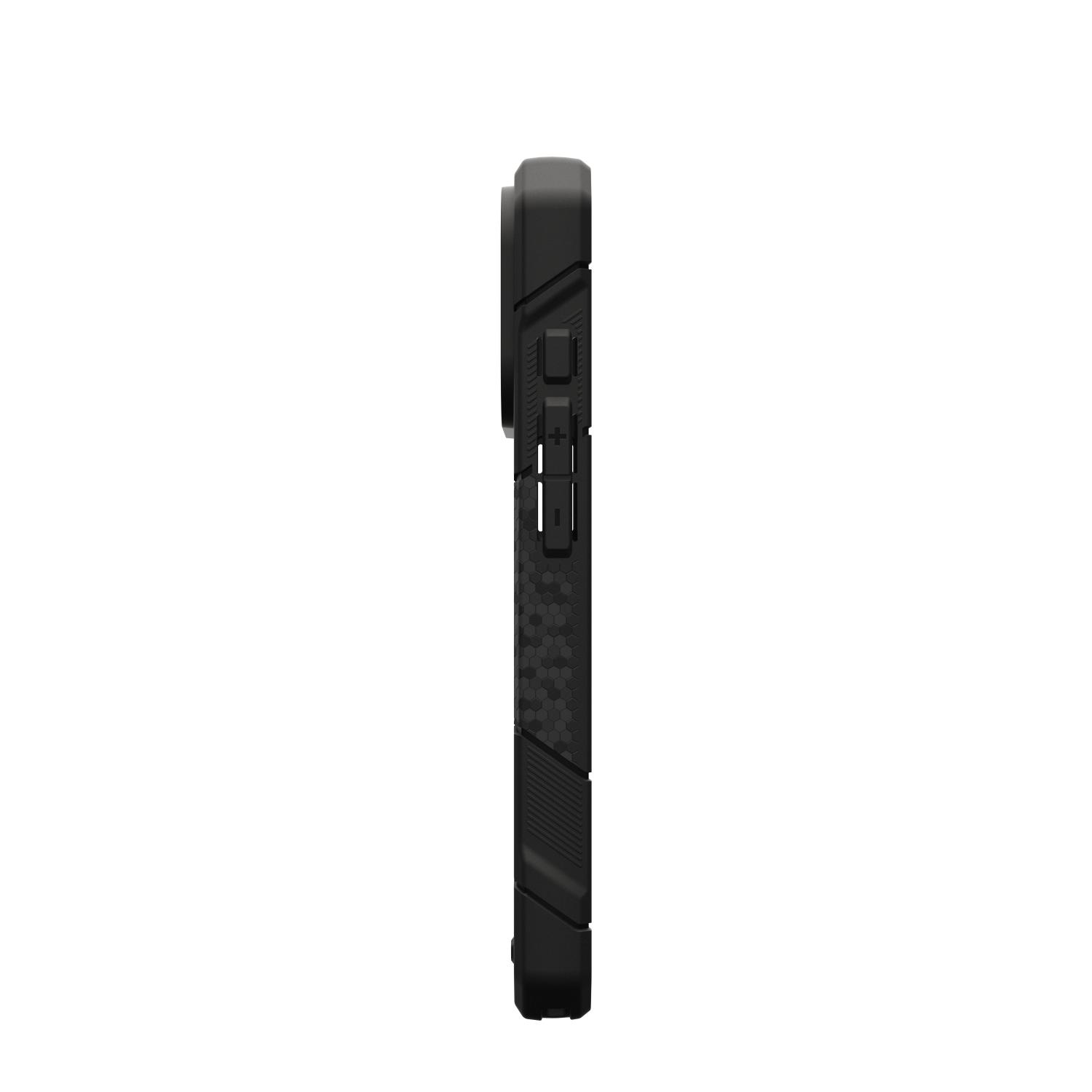 Side profile of the Kevlar Black UAG Monarch Pro MagSafe case for iPhone 18 Pro and iPhone 17 Pro with the raised plus and minus buttons visible