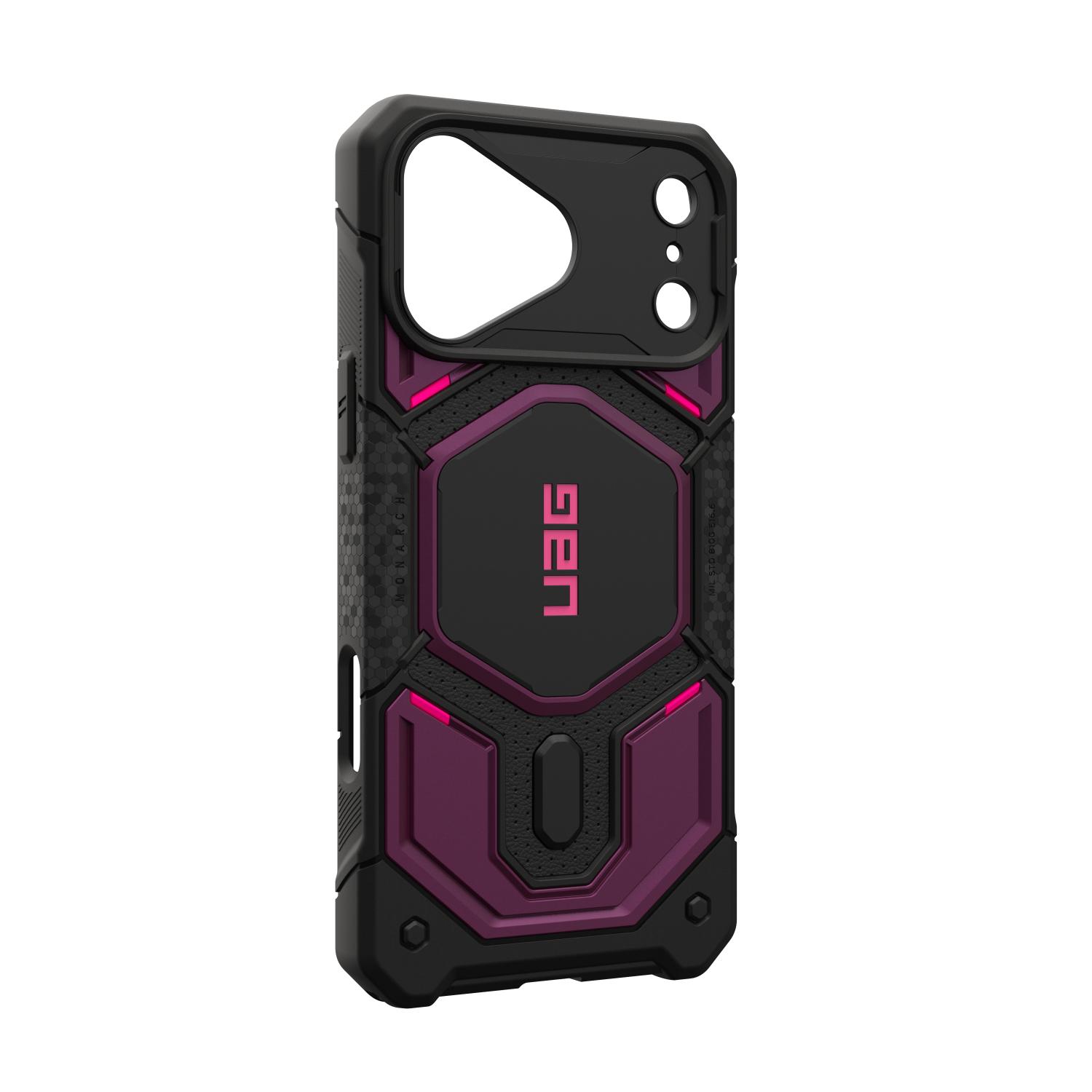 Purple and black UAG Monarch Pro MagSafe case for iPhone 18 Pro and iPhone 17 Pro shown empty from a rear left angle