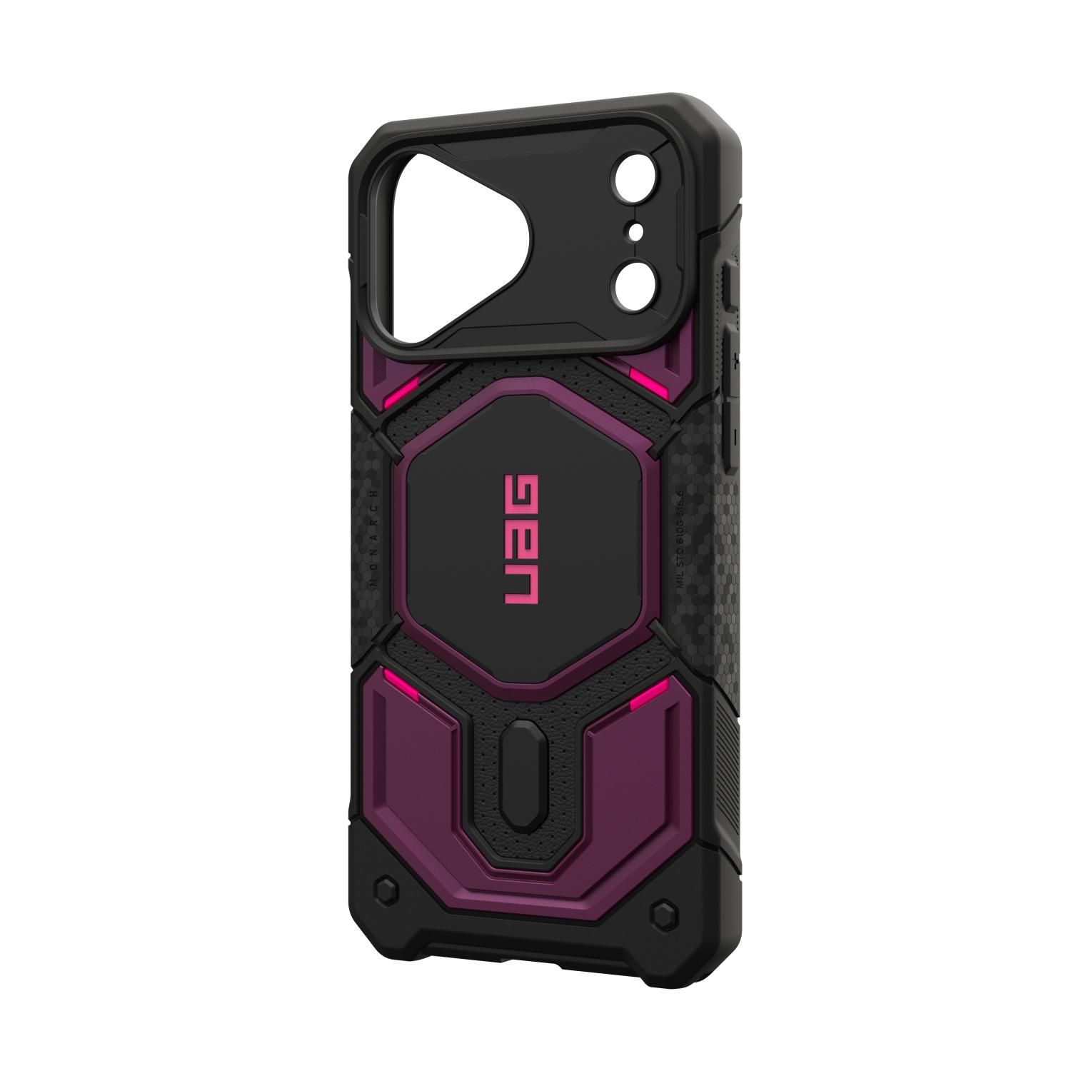 Purple and black UAG Monarch Pro MagSafe case for iPhone 18 Pro and iPhone 17 Pro shown empty from a rear right angle