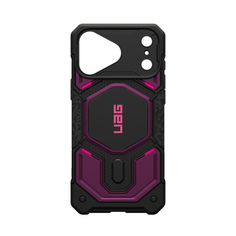 Purple and black UAG Monarch Pro MagSafe case for iPhone 18 Pro and iPhone 17 Pro shown empty from the rear with the camera openings visible