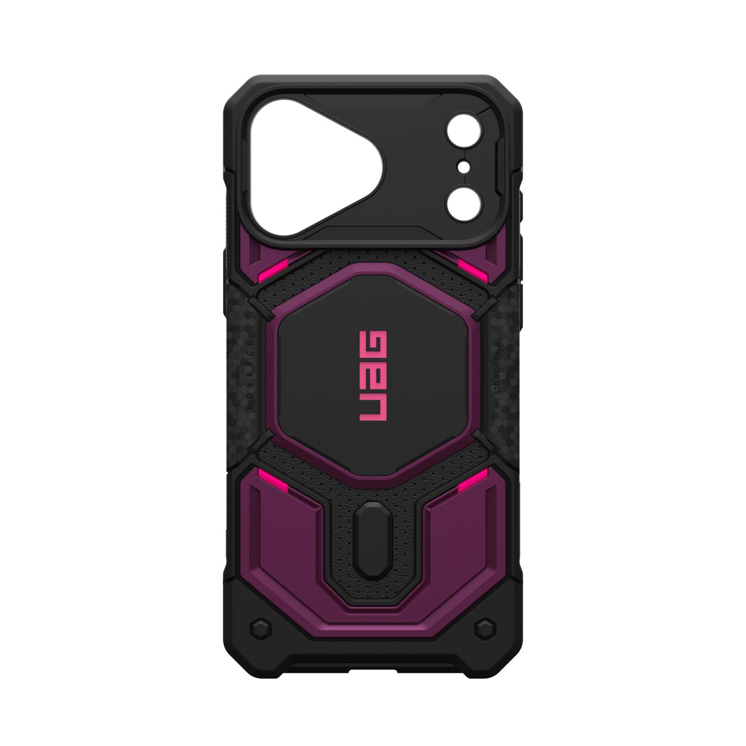 Purple and black UAG Monarch Pro MagSafe case for iPhone 18 Pro and iPhone 17 Pro shown empty from the rear with the camera openings visible
