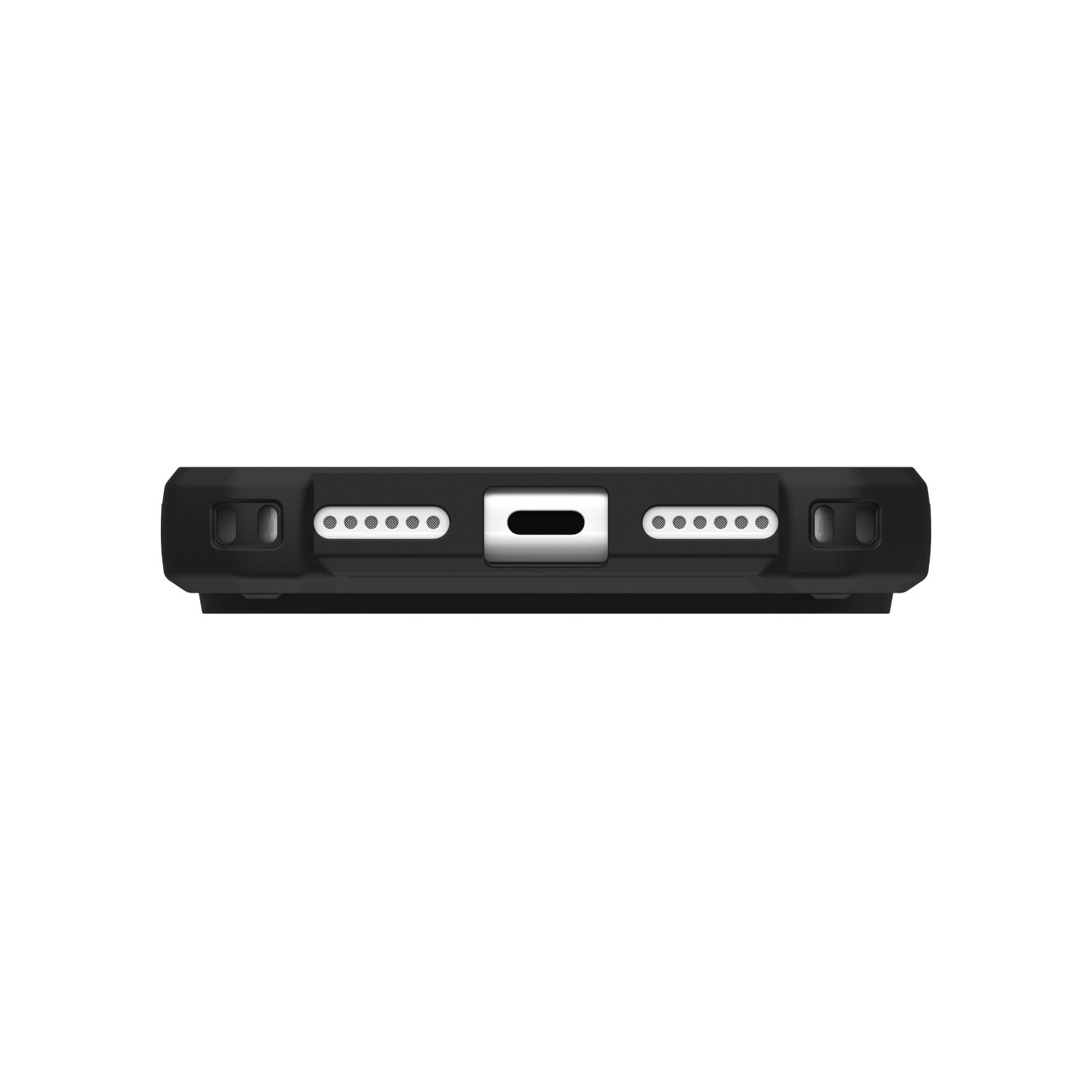 Bottom edge of an iPhone fitted with the UAG Monarch Pro MagSafe case, showing the charging port opening, speaker openings and corner protection