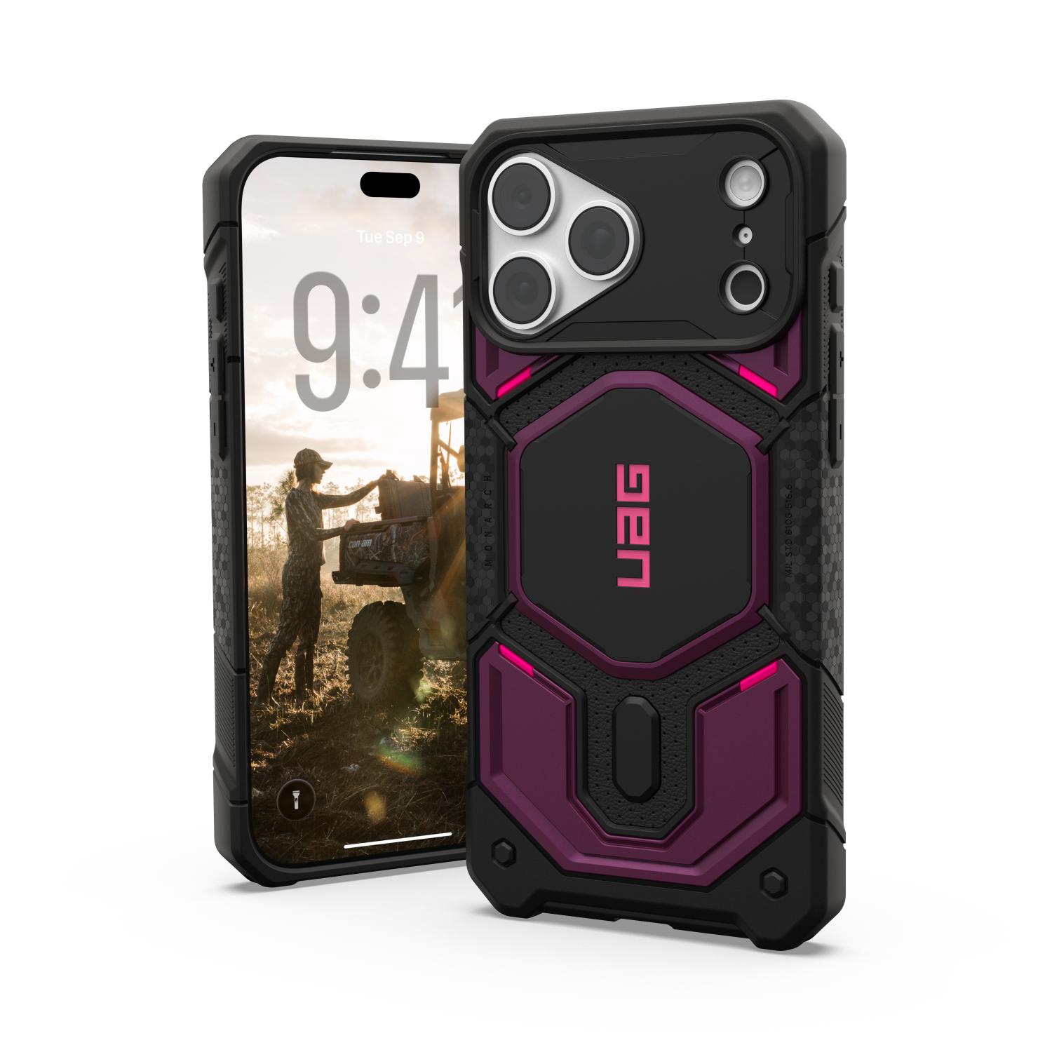 UAG Monarch Pro MagSafe case fitted to an iPhone, showing the screen-facing front view beside the purple and black rear design