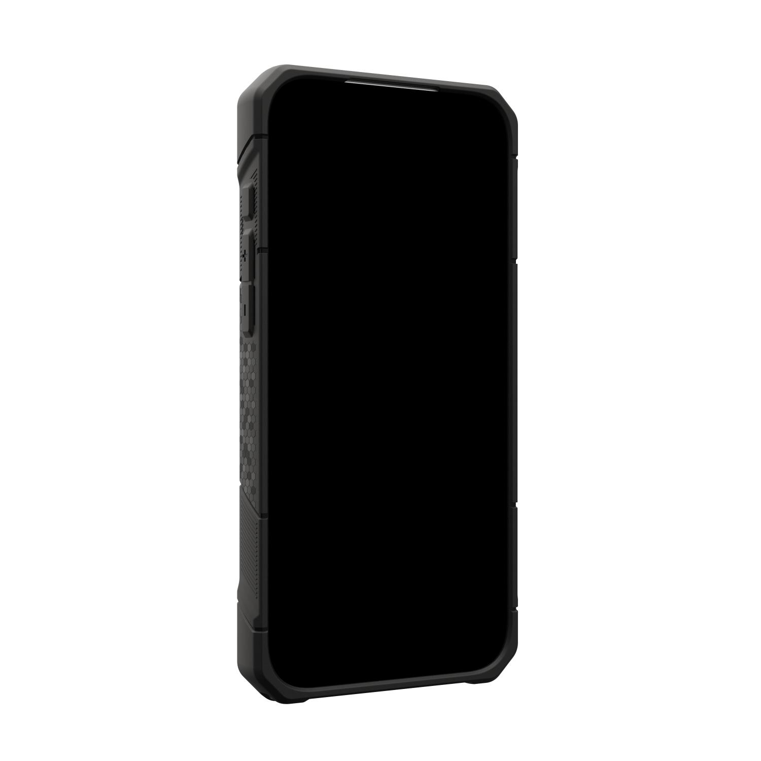 UAG Monarch Pro MagSafe case fitted to an iPhone and shown from a front angle with the raised protective edge visible around the dark screen