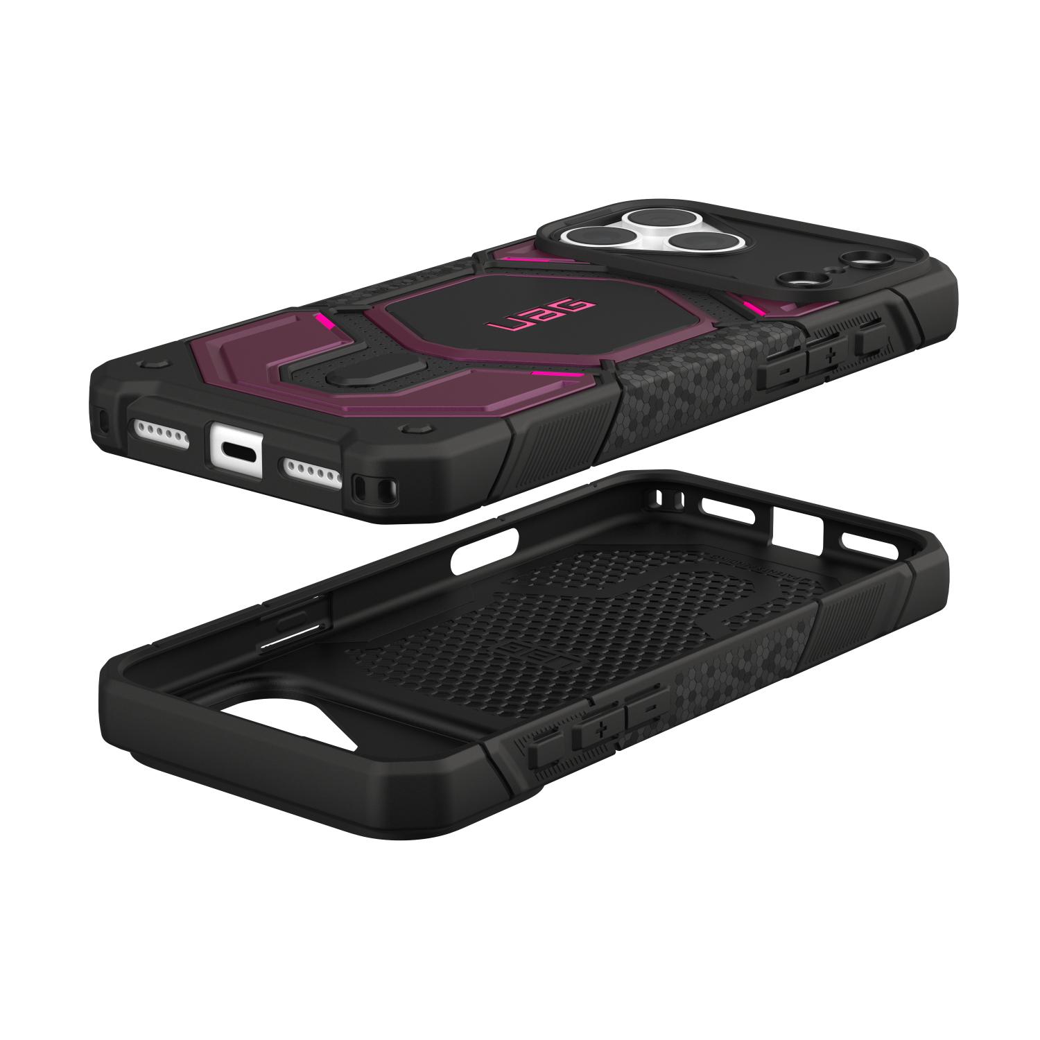 UAG Monarch Pro MagSafe case shown fitted to an iPhone from the rear above a second empty case displaying the interior