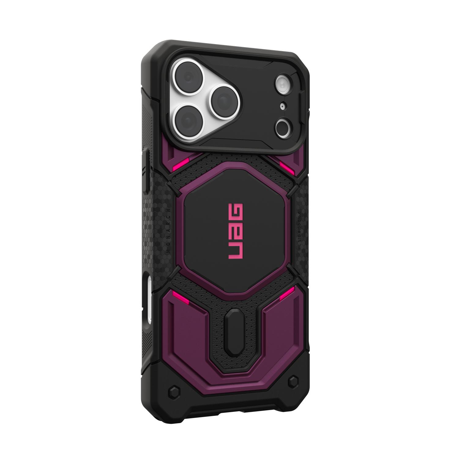 Purple and black UAG Monarch Pro MagSafe case fitted to an iPhone and shown from a rear left angle with the side profile visible
