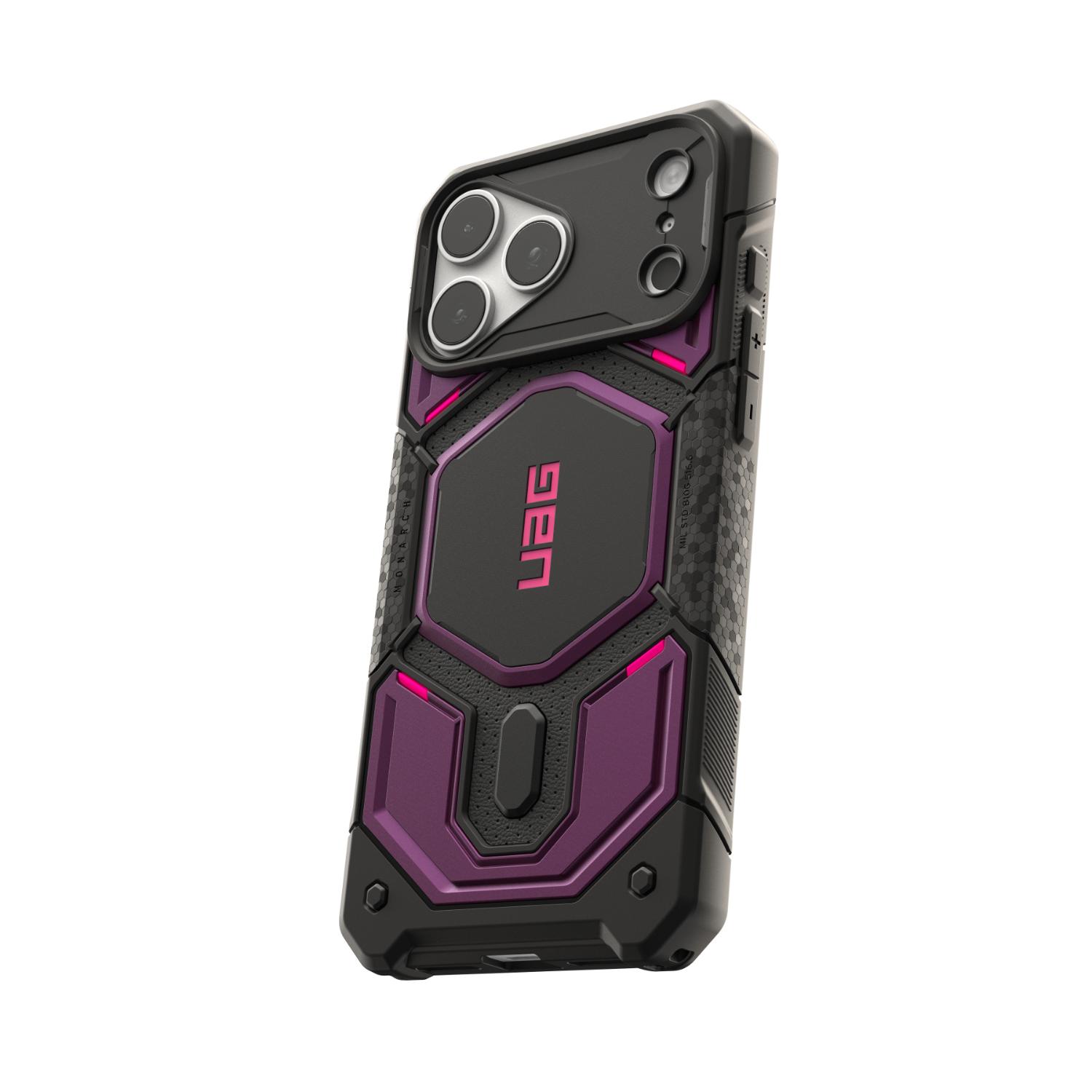 Purple and black UAG Monarch Pro MagSafe case fitted to an iPhone and shown from a low rear angle with the camera surround and bottom edge visible