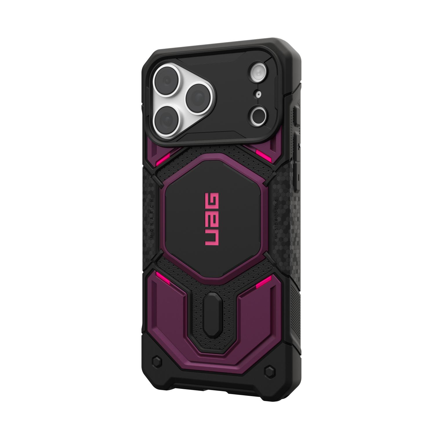 Purple and black UAG Monarch Pro MagSafe case fitted to an iPhone and shown from a rear right angle with the raised camera surround visible