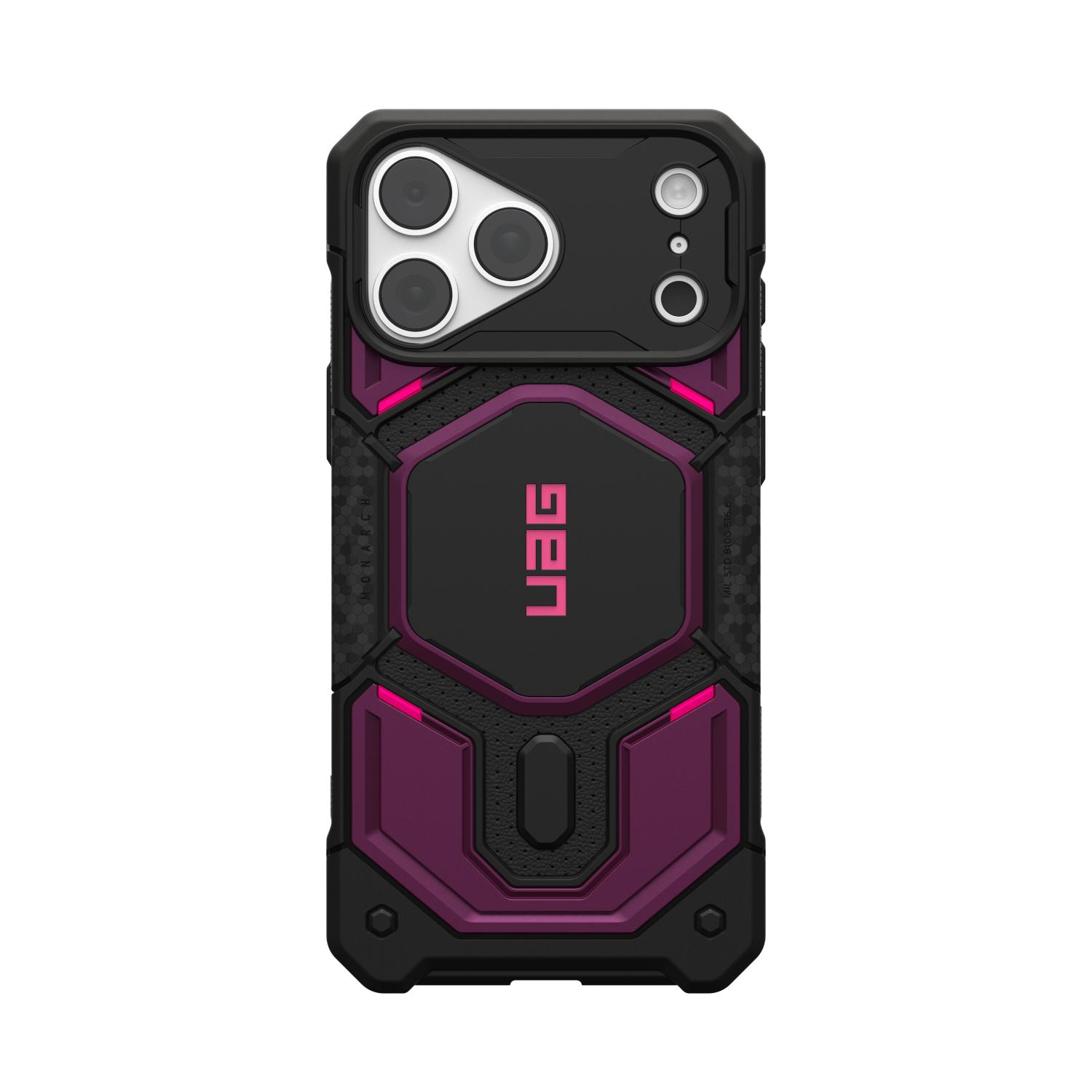 Purple and black UAG Monarch Pro MagSafe case fitted to an iPhone and shown straight-on from the rear with the camera lenses visible