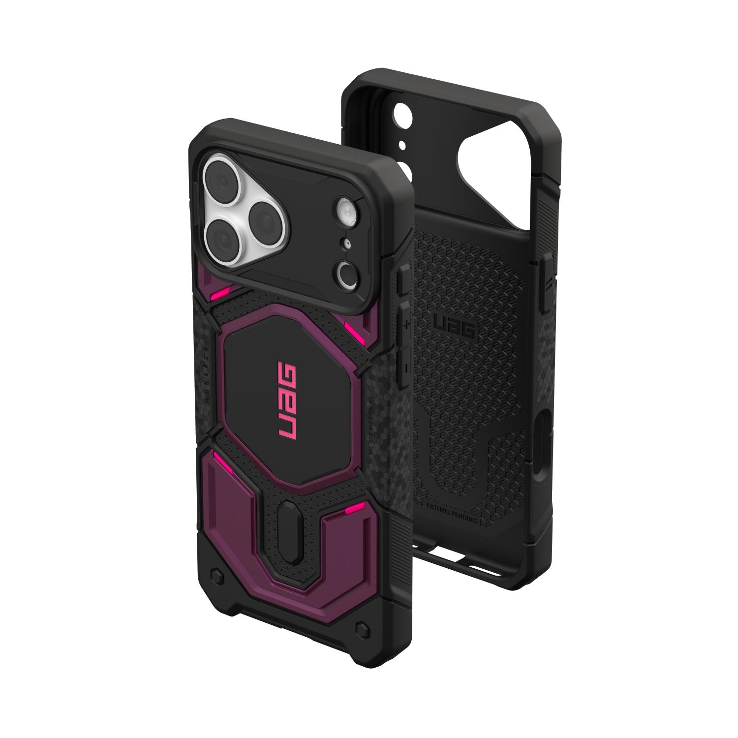 Purple and black UAG Monarch Pro MagSafe case shown fitted to an iPhone from the rear with an empty case interior positioned behind it