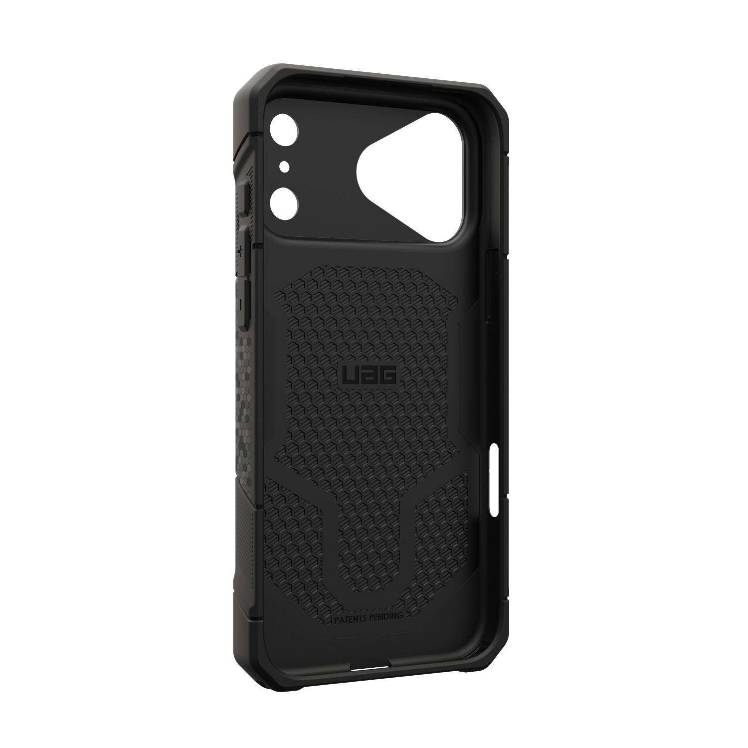 Interior of the UAG Monarch Pro MagSafe case for iPhone 18 Pro and iPhone 17 Pro shown at an angle with the textured inner panel visible