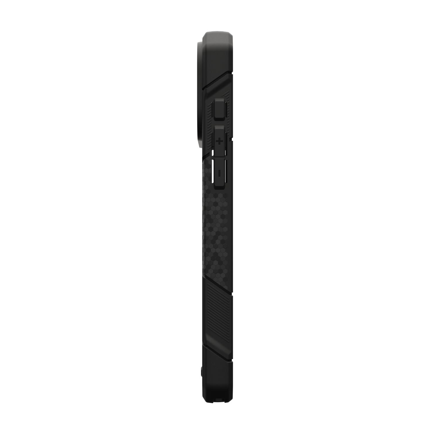 UAG Monarch Pro MagSafe case for iPhone 18 Pro and iPhone 17 Pro shown in a left side profile with the side buttons visible