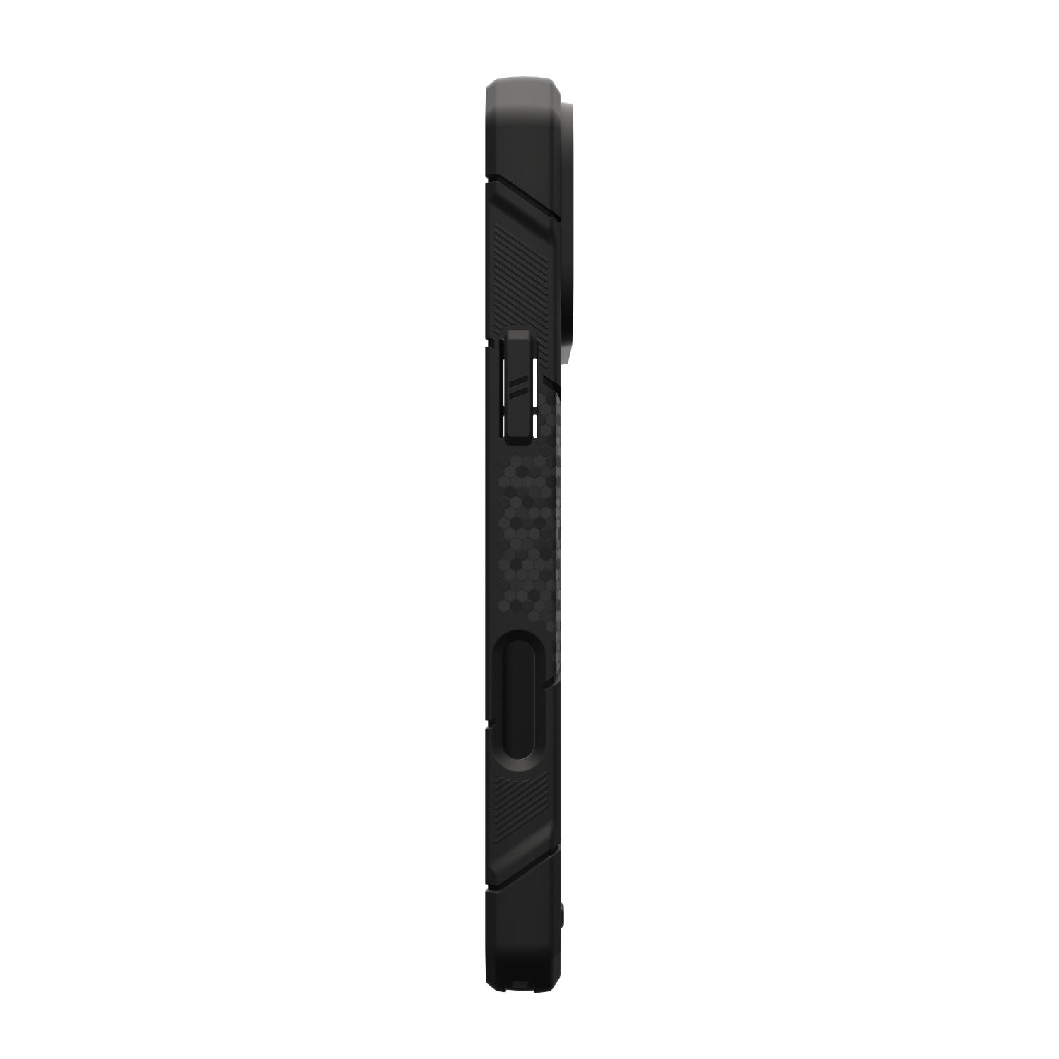 UAG Monarch Pro MagSafe case for iPhone 18 Pro and iPhone 17 Pro shown in a right side profile with the side controls and lower cutout visible