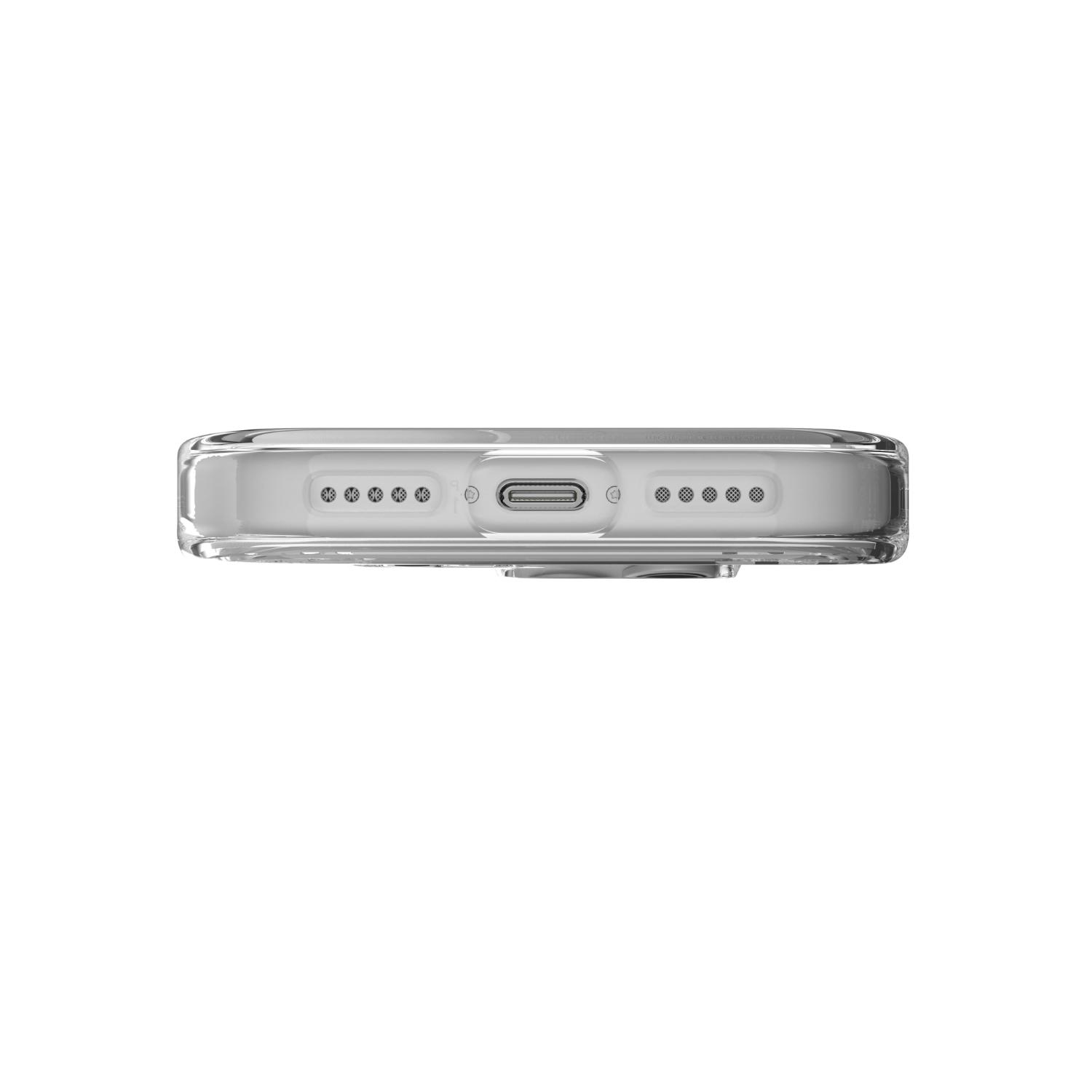 Bottom edge of the fitted clear ZAGG Crystal Palace Lite case showing the charging port opening and speaker cutouts.
