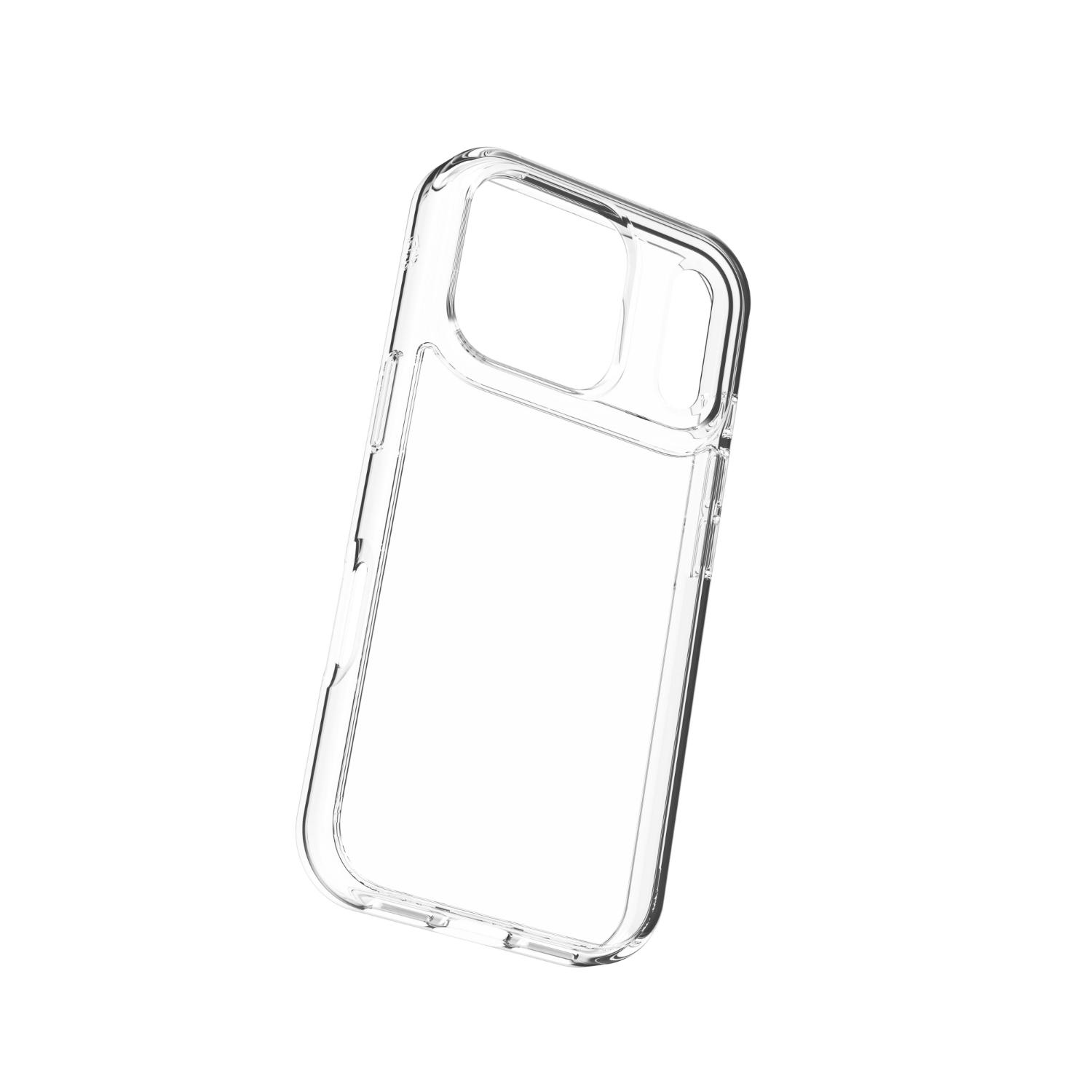 Interior angled view of the empty clear ZAGG Crystal Palace Lite case from the opposite side, showing the camera opening and side edge.