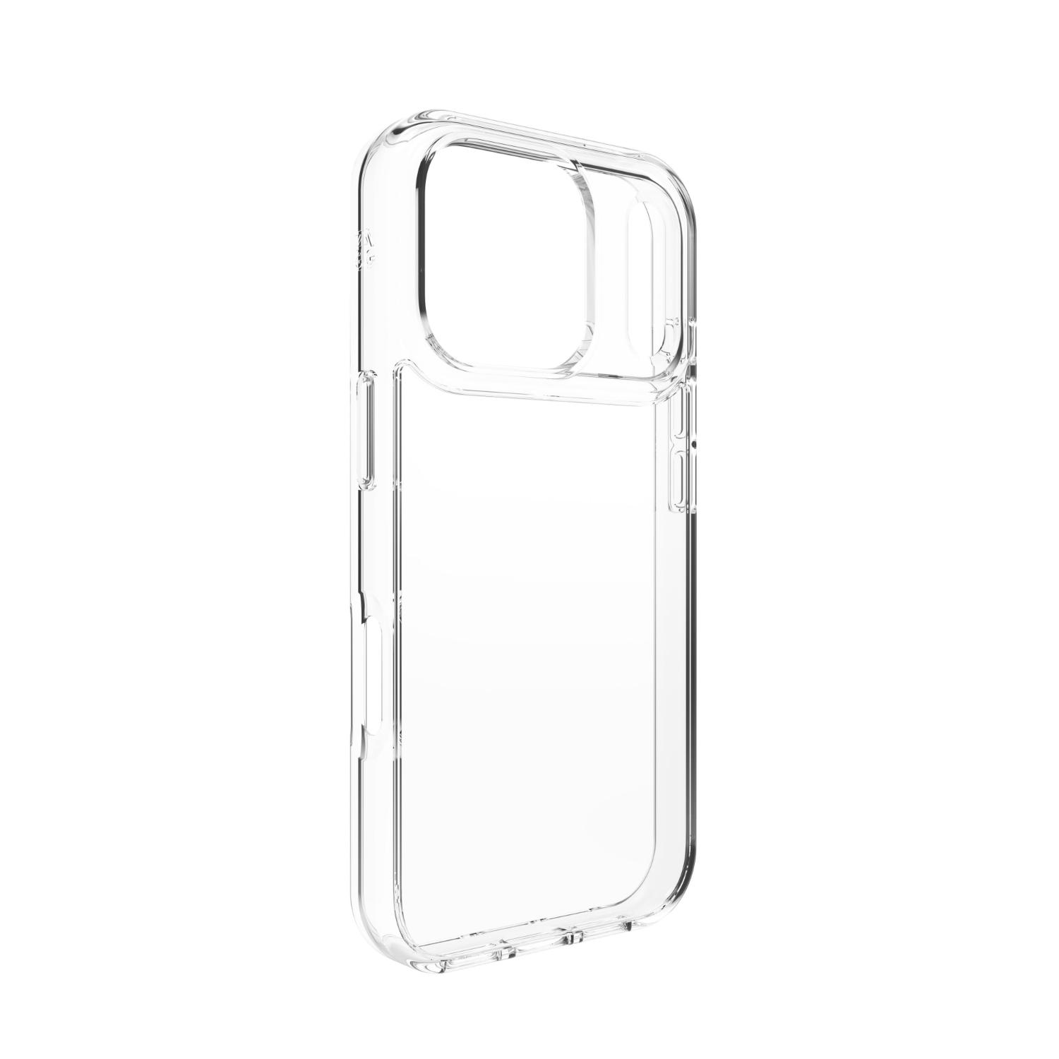 Interior angled view of the empty clear ZAGG Crystal Palace Lite case with the volume button side and raised camera surround visible.