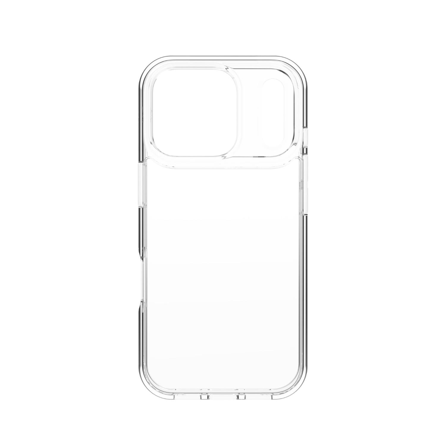 Interior straight view of the empty clear ZAGG Crystal Palace Lite case showing the camera and sensor openings.
