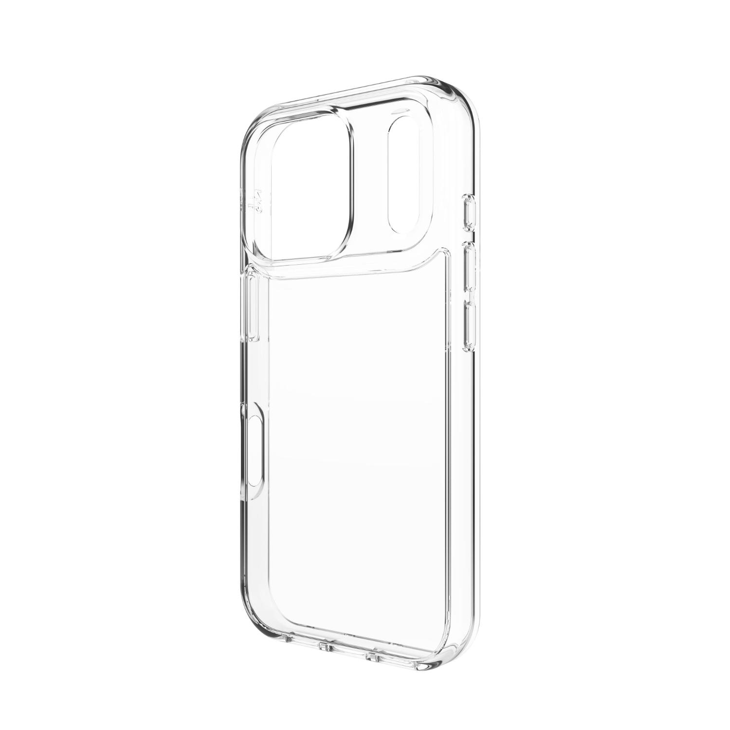 Empty clear ZAGG Crystal Palace Lite case shown from a rear angle with the volume button side visible.