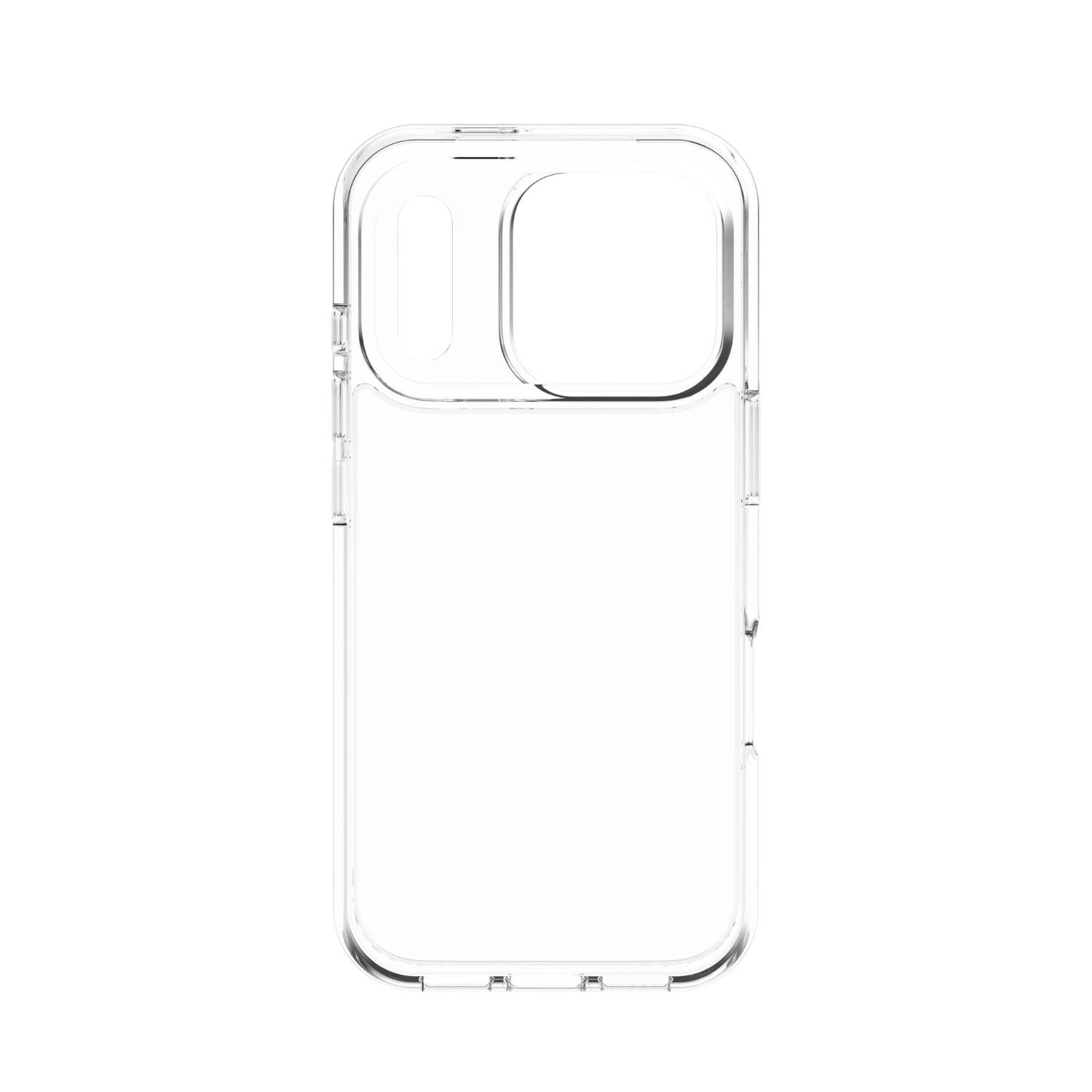 Clear ZAGG Crystal Palace Lite case shown empty in a straight rear view with the large camera opening visible.