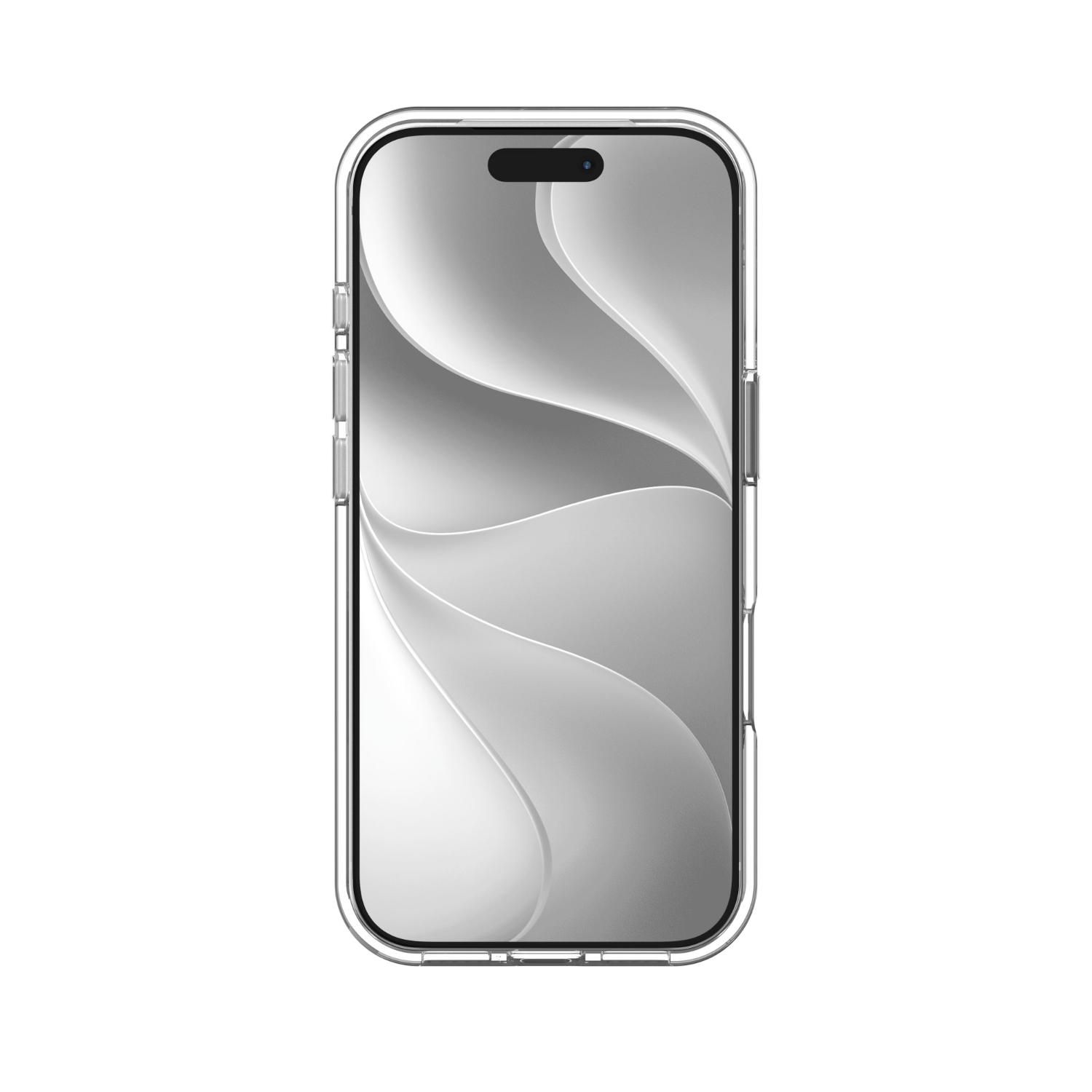 Front view of an iPhone 18 Pro or iPhone 17 Pro fitted with the clear ZAGG Crystal Palace Lite case.