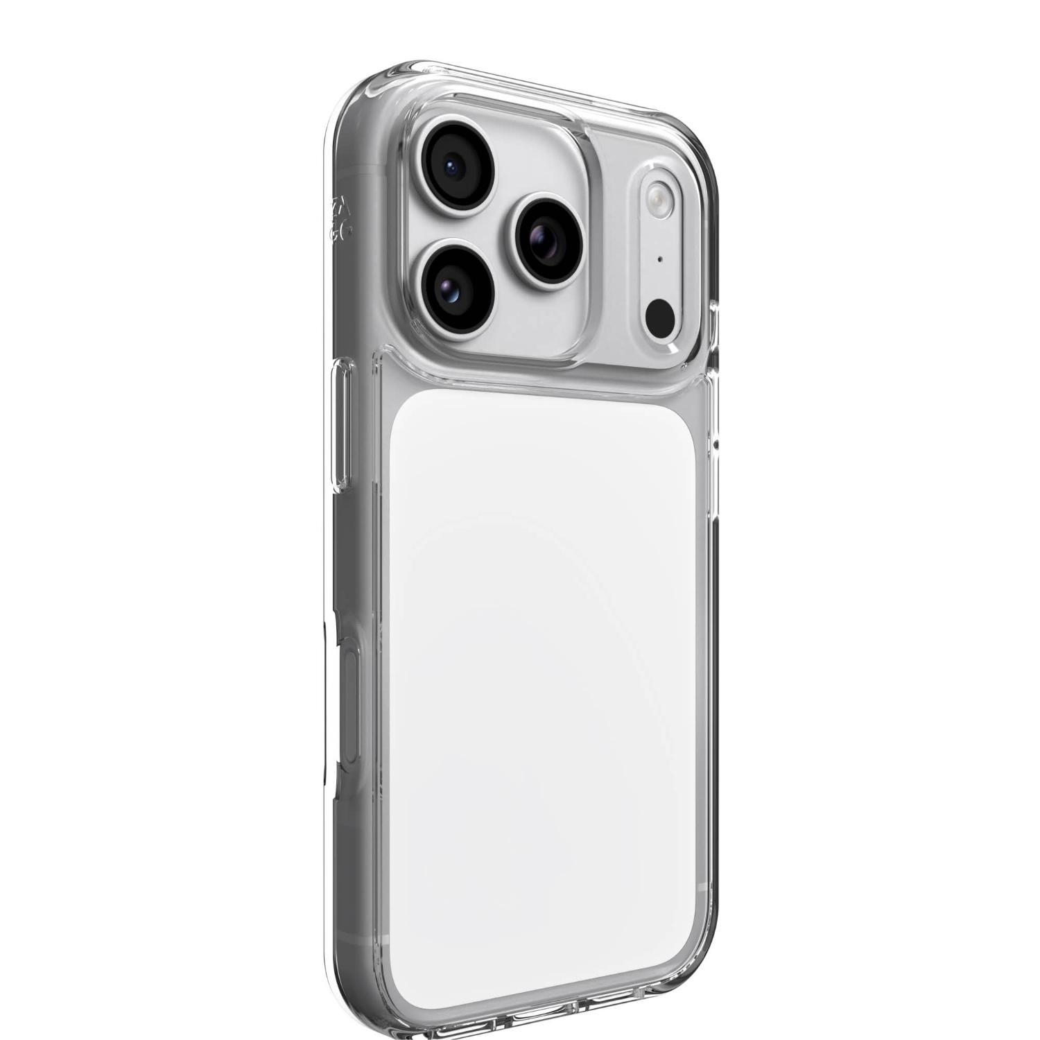 Clear ZAGG Crystal Palace Lite case fitted to an iPhone 18 Pro or iPhone 17 Pro, shown from the rear at an angle with the side button visible.