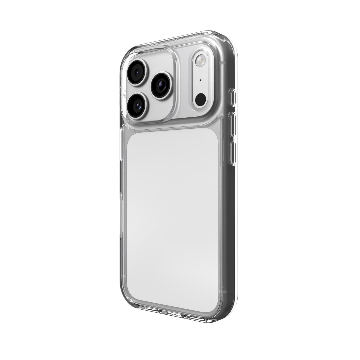 Angled rear view of the fitted clear ZAGG Crystal Palace Lite case with the side volume button covers visible.