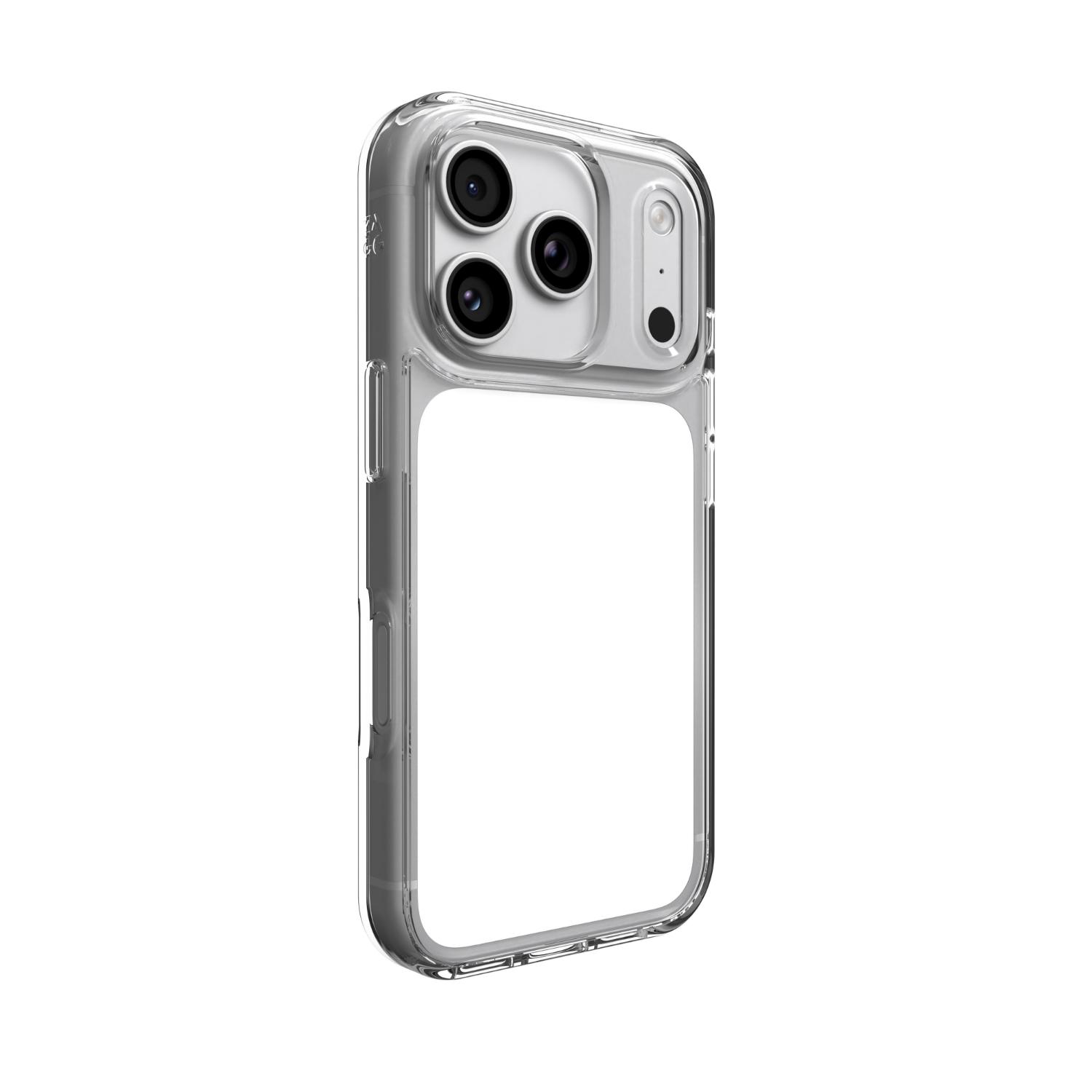 Clear ZAGG Crystal Palace Lite case fitted to an iPhone 18 Pro or iPhone 17 Pro, shown from a near-straight rear angle.