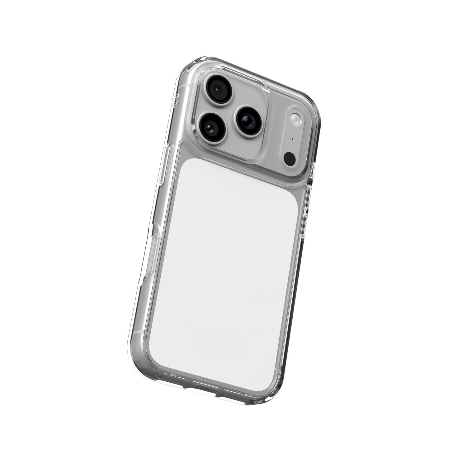 Tilted rear view of the clear ZAGG Crystal Palace Lite case fitted to an iPhone 18 Pro or iPhone 17 Pro.