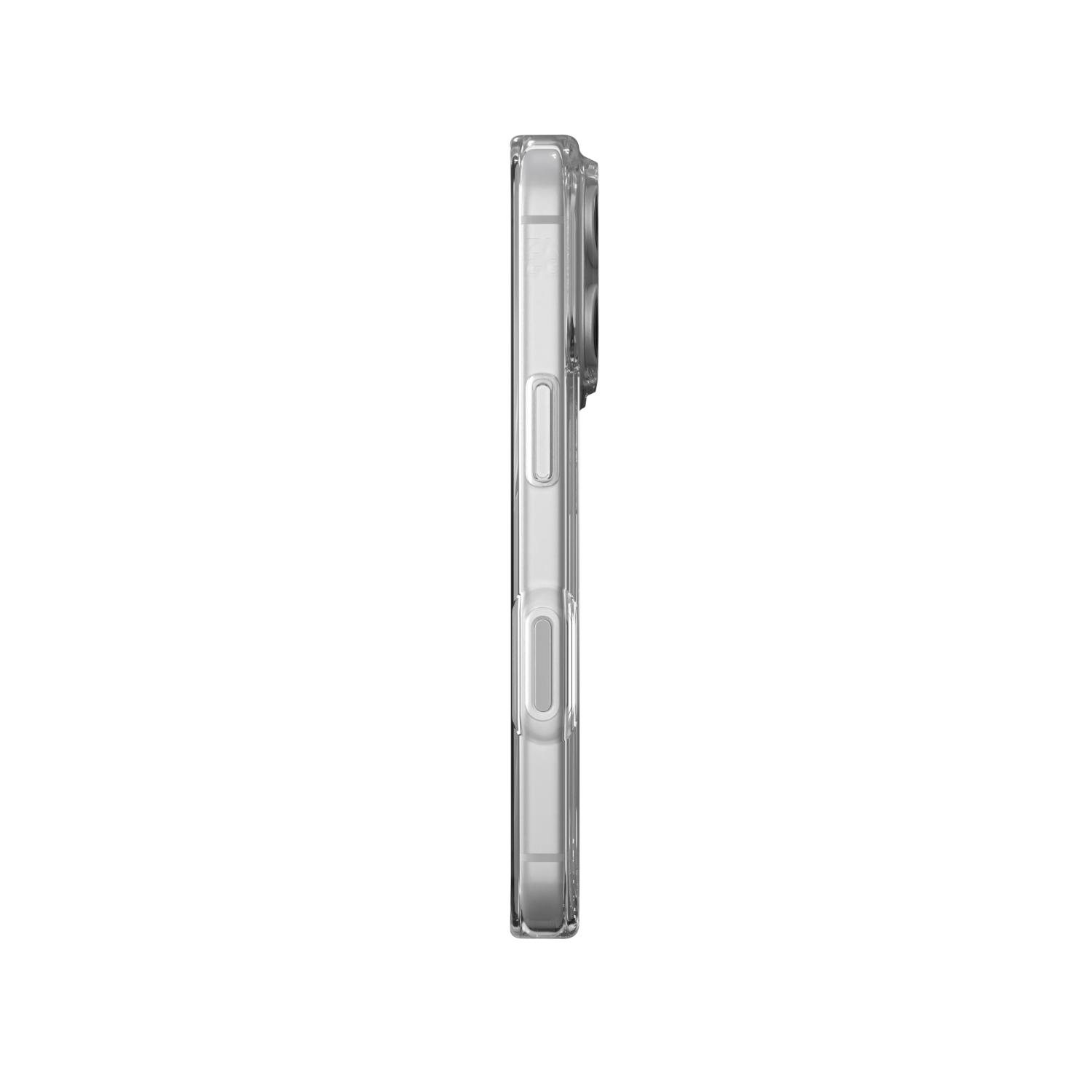 Opposite side profile of the fitted clear ZAGG Crystal Palace Lite case showing the side button covers and camera bump profile.