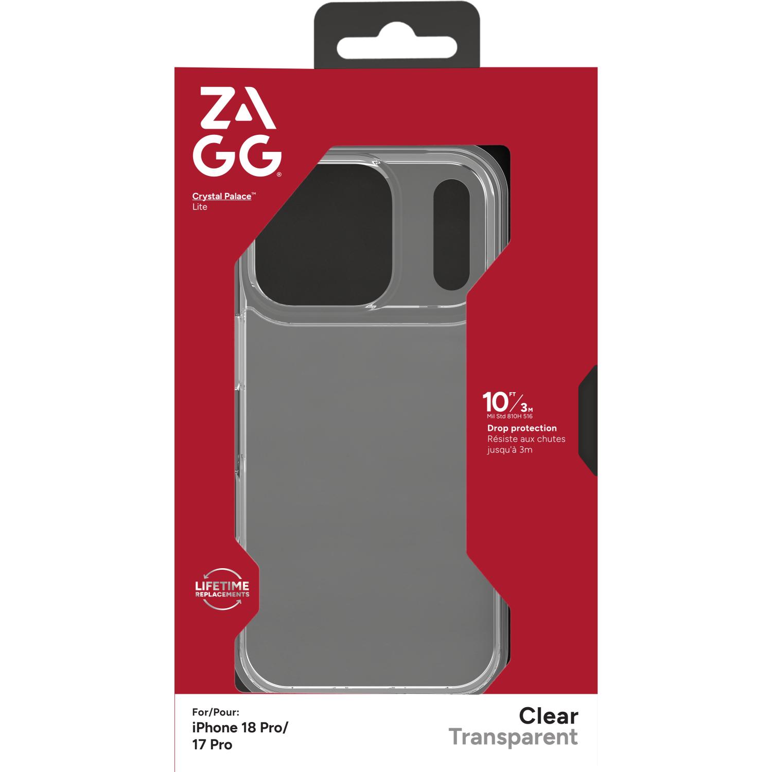 Front of the retail packaging for the clear ZAGG Crystal Palace Lite case for iPhone 18 Pro and iPhone 17 Pro.