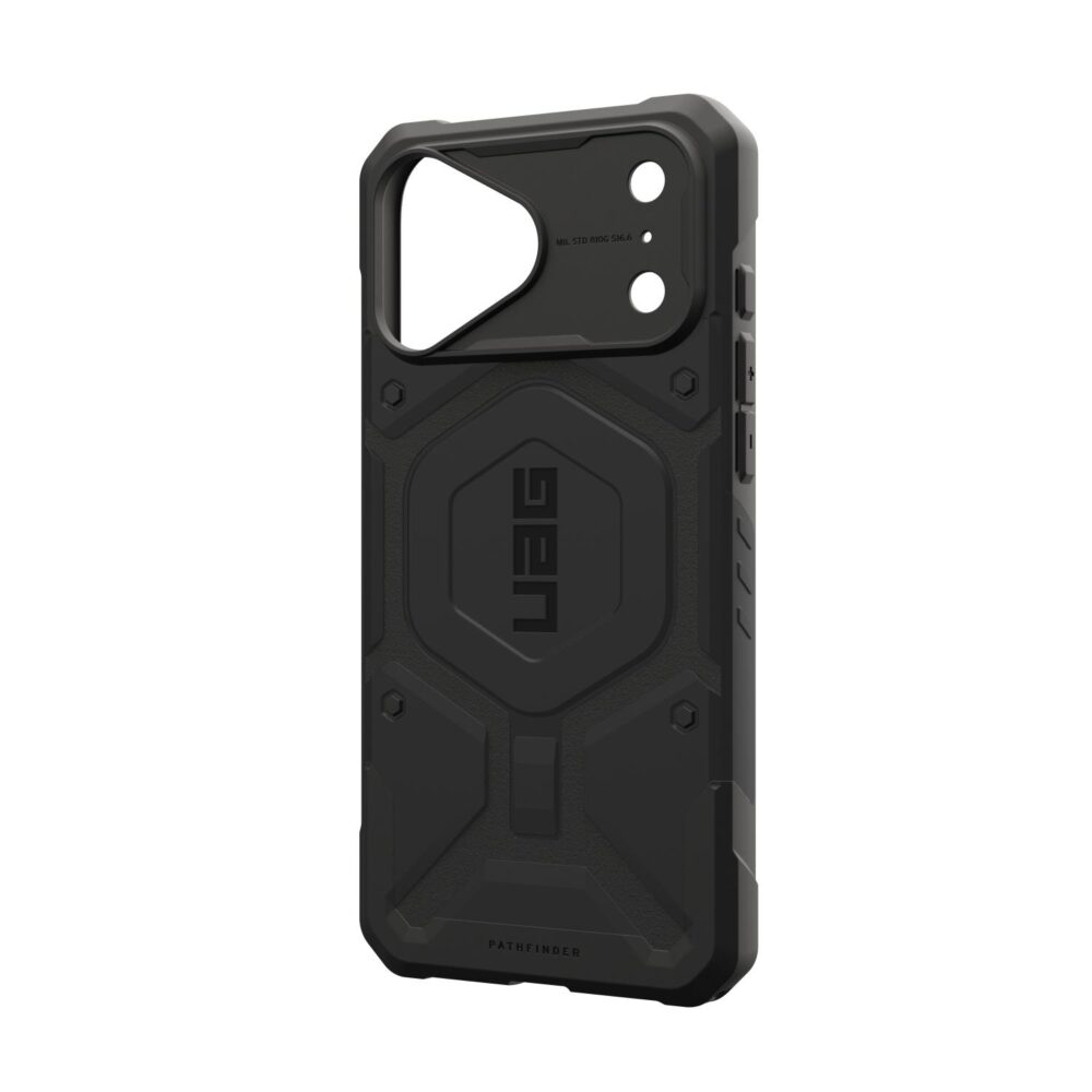 Angled rear view of the empty black UAG Pathfinder MagSafe case with the side buttons visible.