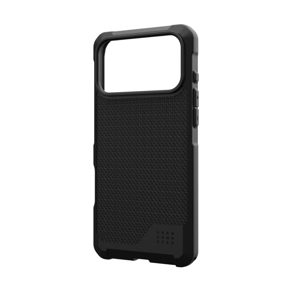 Empty Kevlar Black UAG Metropolis LT case shown from a rear angle with the side button covers visible.