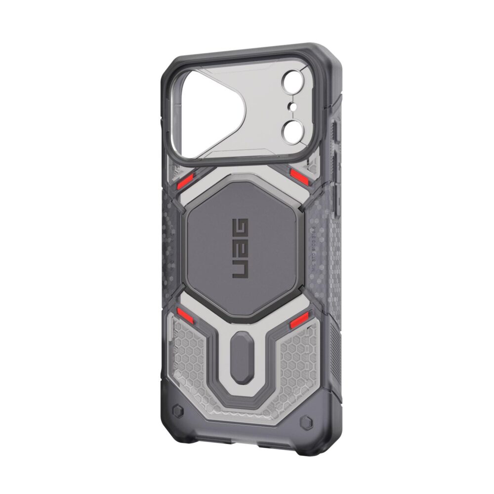 Empty Ice UAG Monarch Pro case shown from a rear angle with the side volume button covers visible.