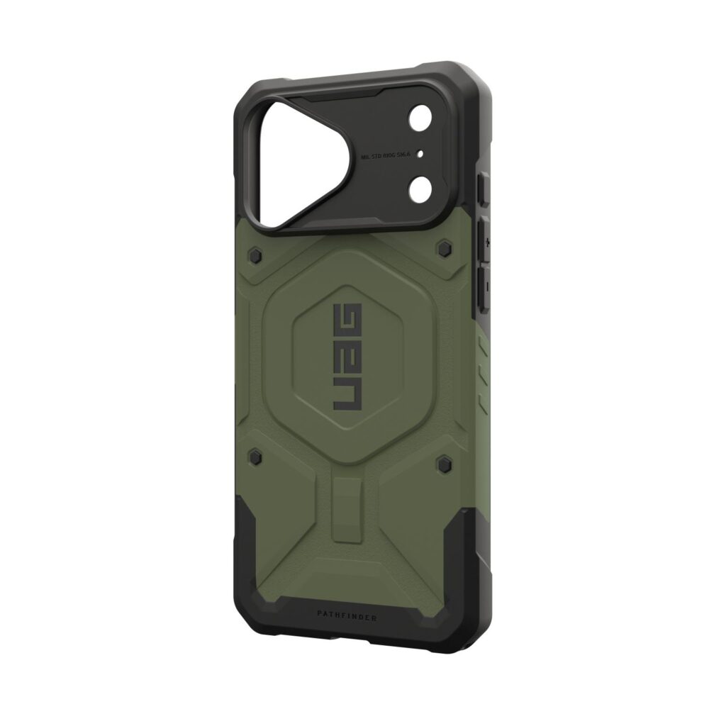 Empty Olive UAG Pathfinder MagSafe case for iPhone 18 Pro Max and iPhone 17 Pro Max shown from a rear angle with the right side buttons visible