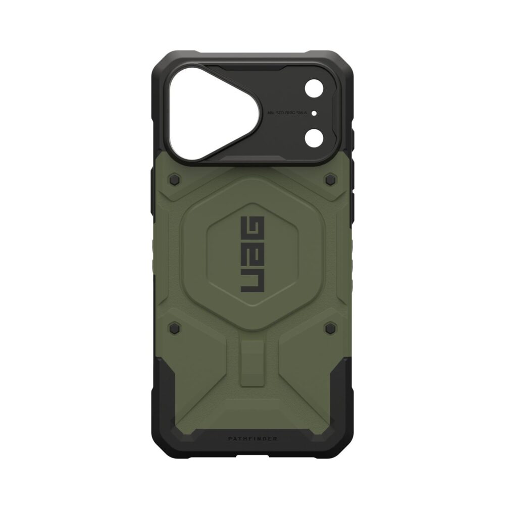 Olive UAG Pathfinder MagSafe case for iPhone 18 Pro Max and iPhone 17 Pro Max shown empty from the rear