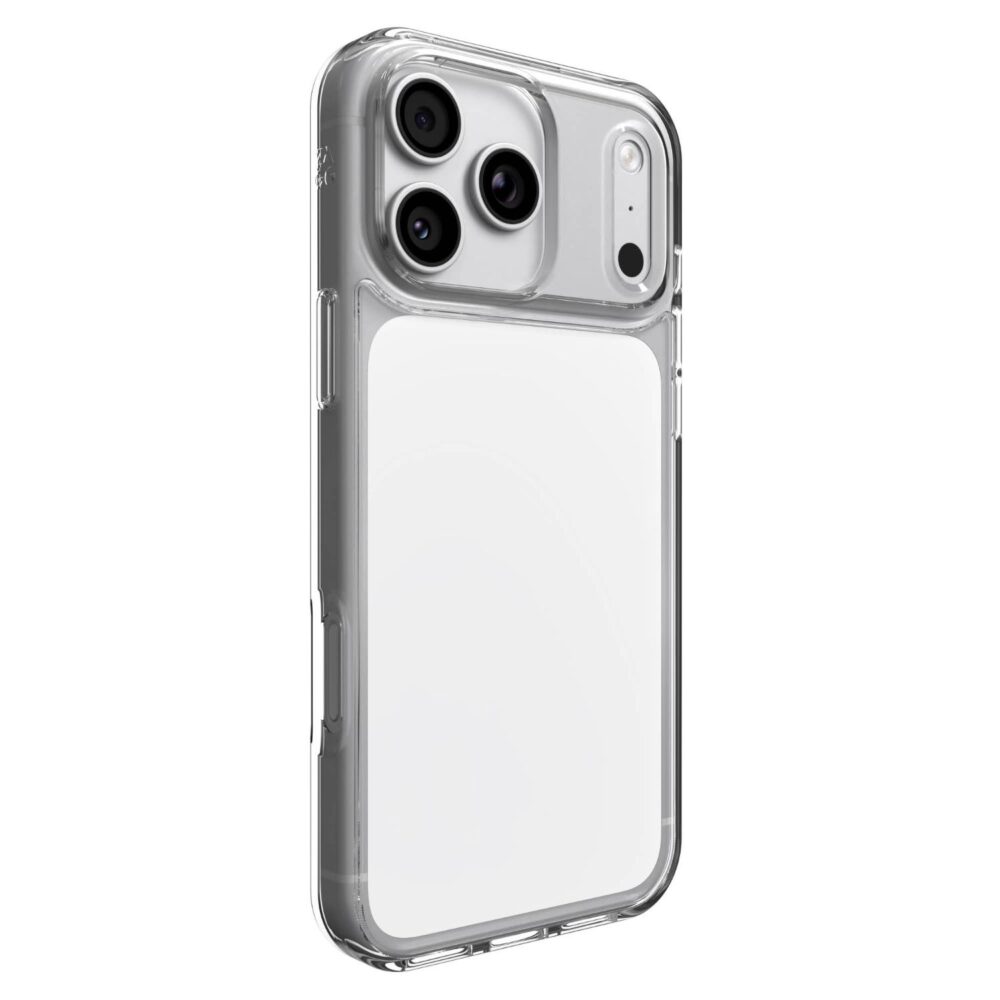 Clear ZAGG Crystal Palace Lite case fitted to an iPhone 18 Pro Max or iPhone 17 Pro Max, shown from the rear at an angle.