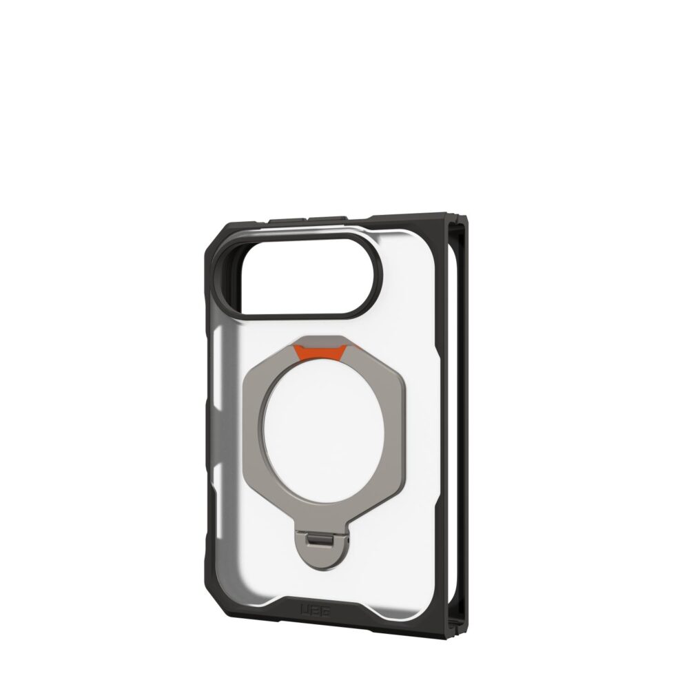 Angled rear view of the empty Ice UAG Mouve XTE MagSafe case for iPhone Duo, showing the camera surround and rotating stand.