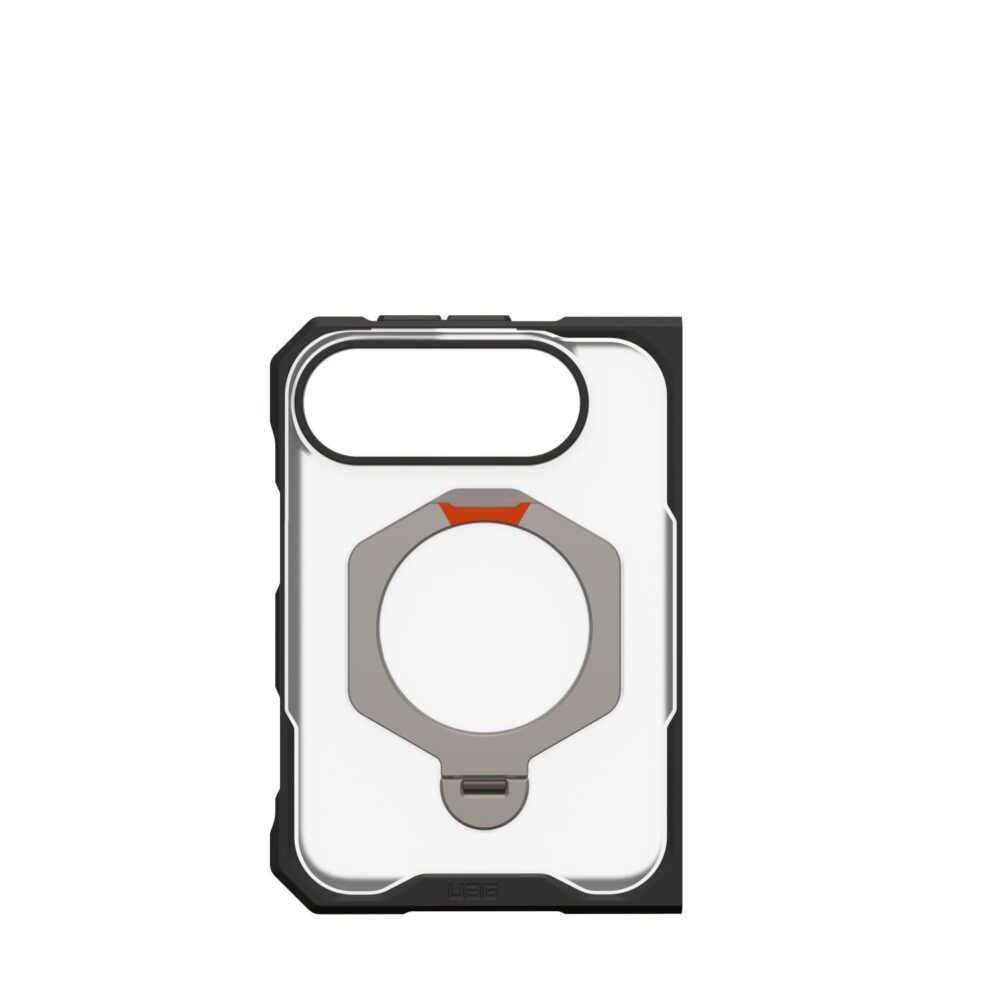 Ice UAG Mouve XTE MagSafe case for iPhone Duo shown empty from the rear with the integrated rotating stand visible.