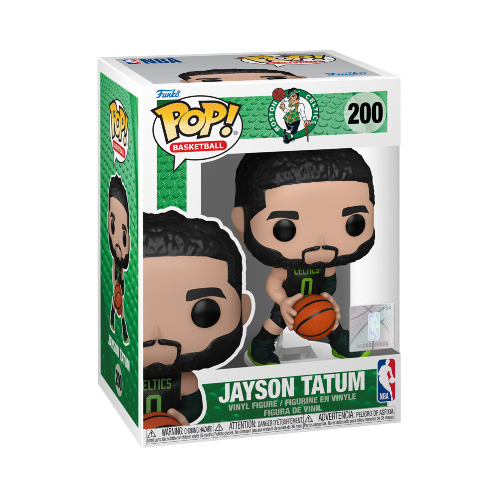 Jayson Tatum Boston Celtics Funko Pop #200 in its green and white window display box, shown from the front at an angle