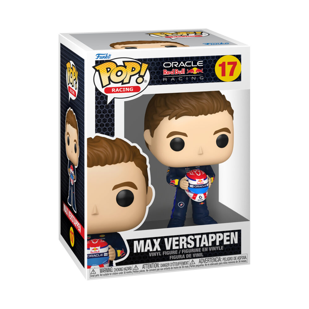 Max Verstappen holding helmet Oracle Red Bull Racing Funko Pop figure #17 shown in its window display box