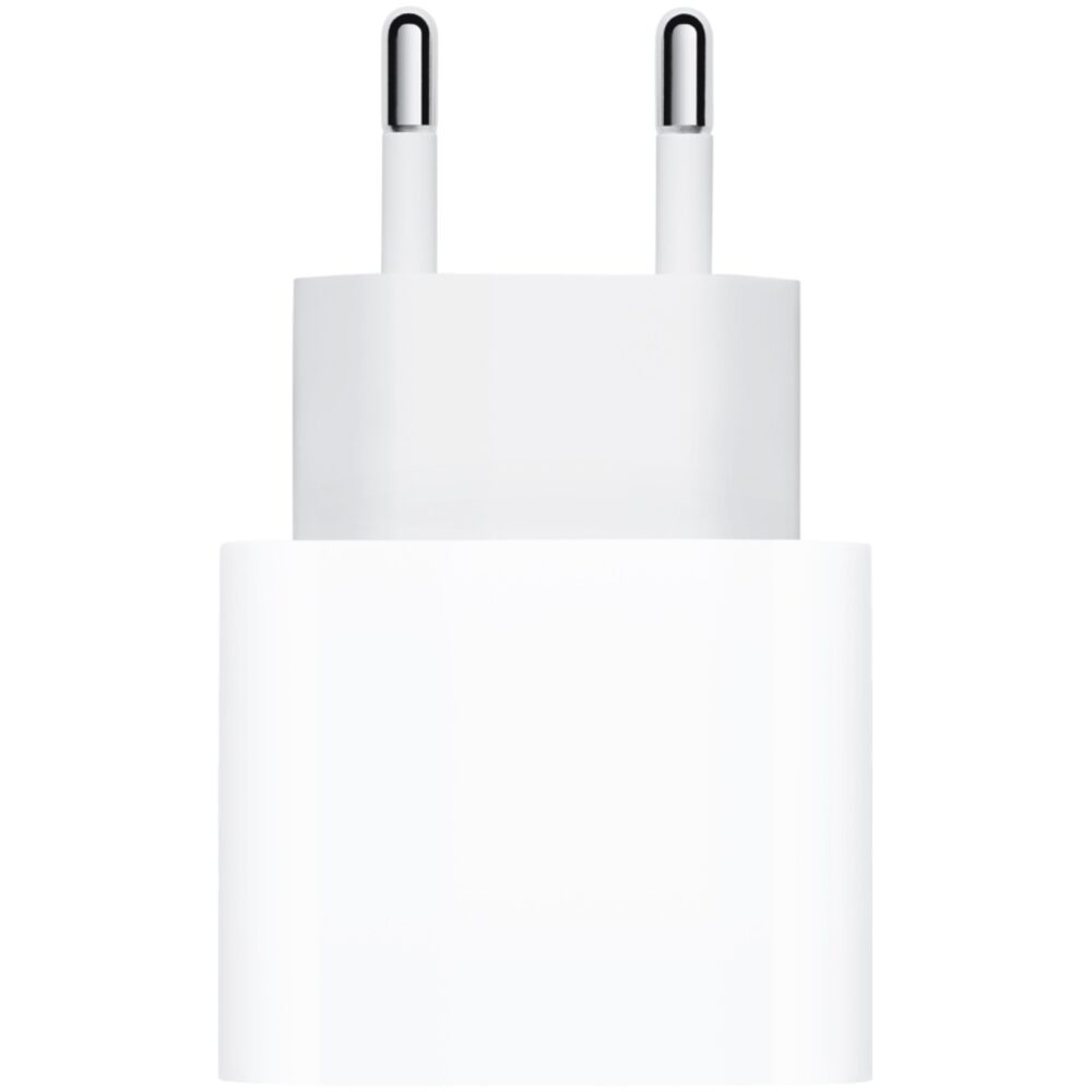 White Official Apple 20W USB-C Power Adapter shown from the plug side with two round pins visible