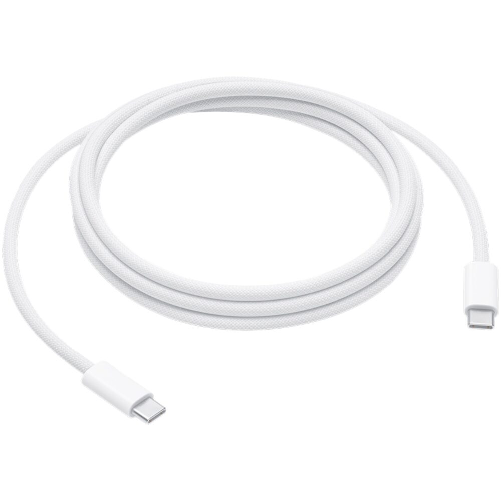 White woven Official Apple 240W USB-C Cable in a 2m coiled layout with both USB-C connectors visible