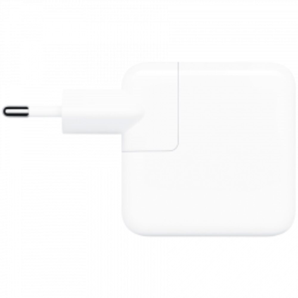 White Official Apple 30W USB-C Power Adapter shown from the side with the plug section visible