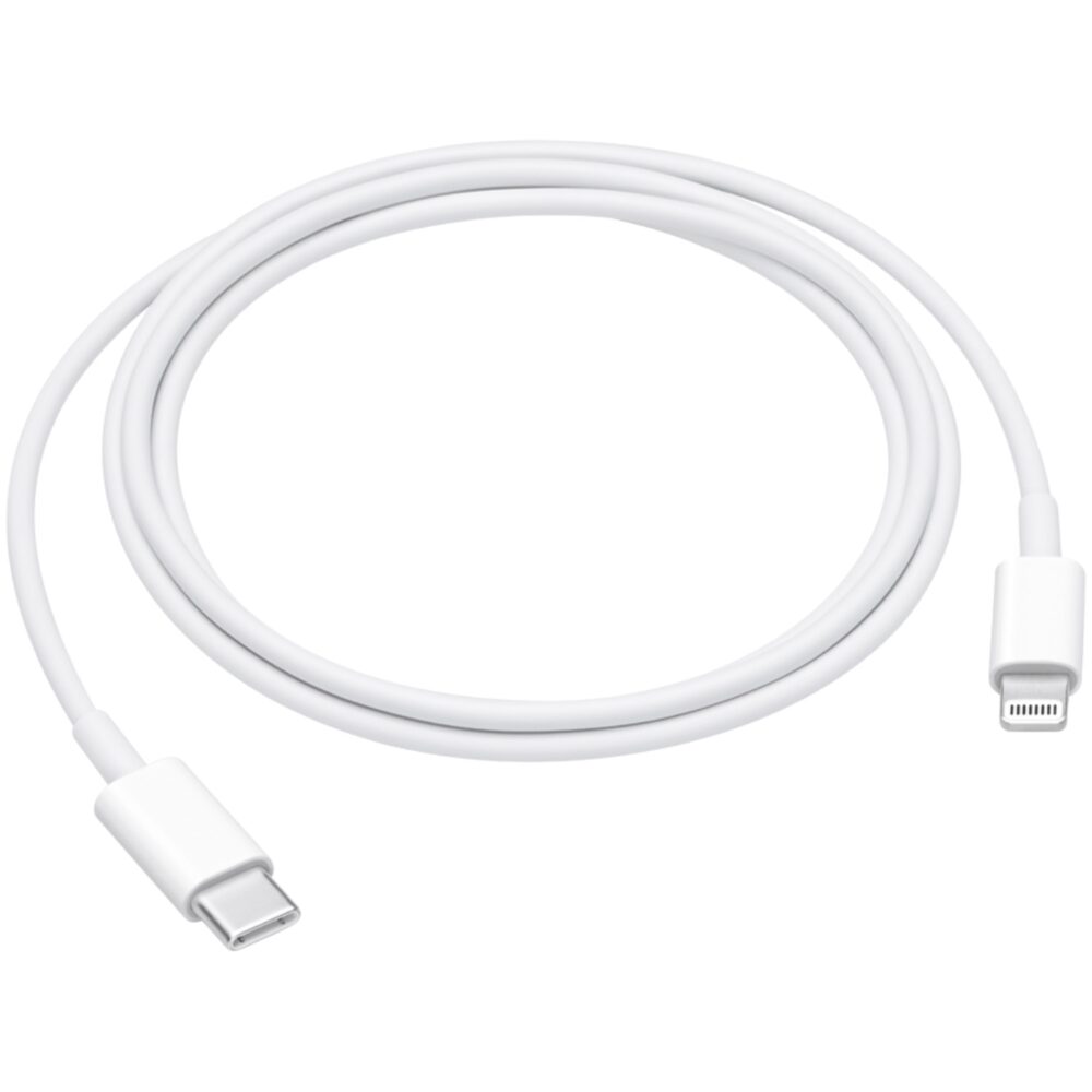 White 1m Official Apple USB-C to Lightning Cable coiled with the USB-C and Lightning connectors visible