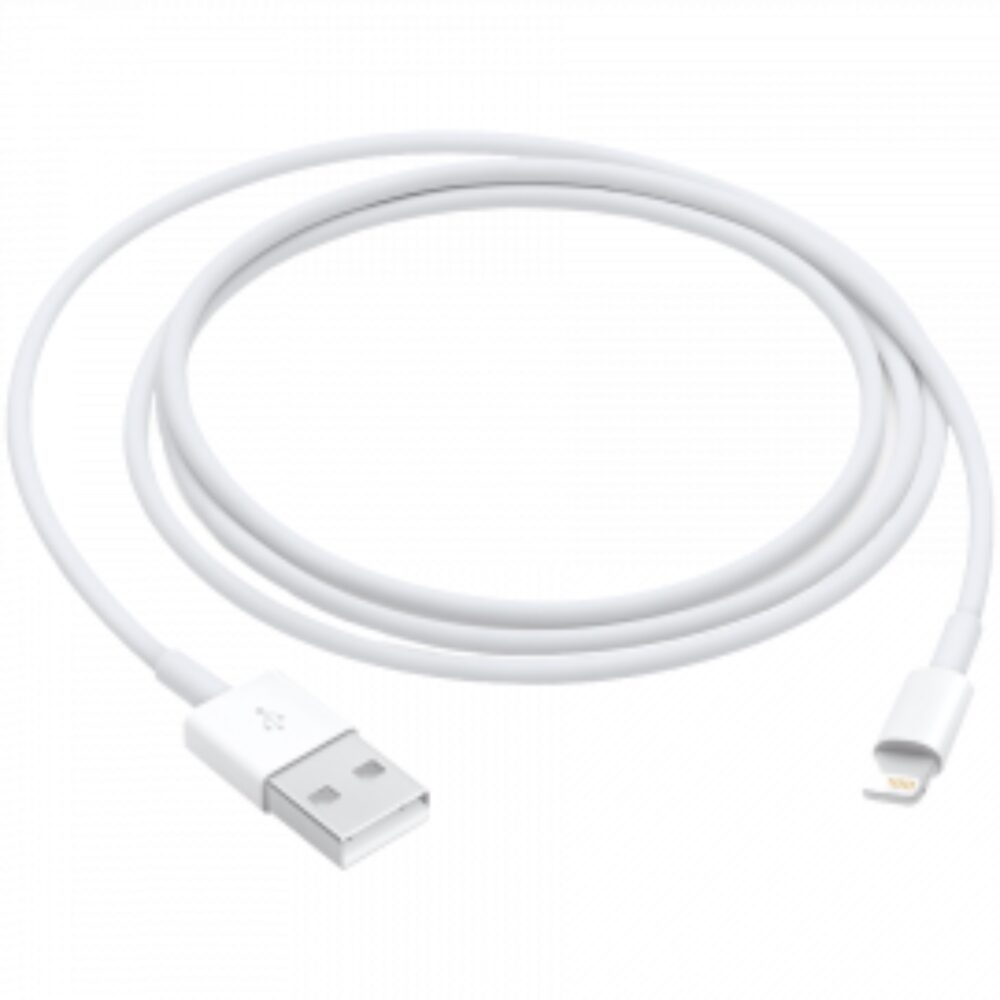 White 1m Official Apple USB to Lightning Cable coiled with the USB-A and Lightning connectors visible